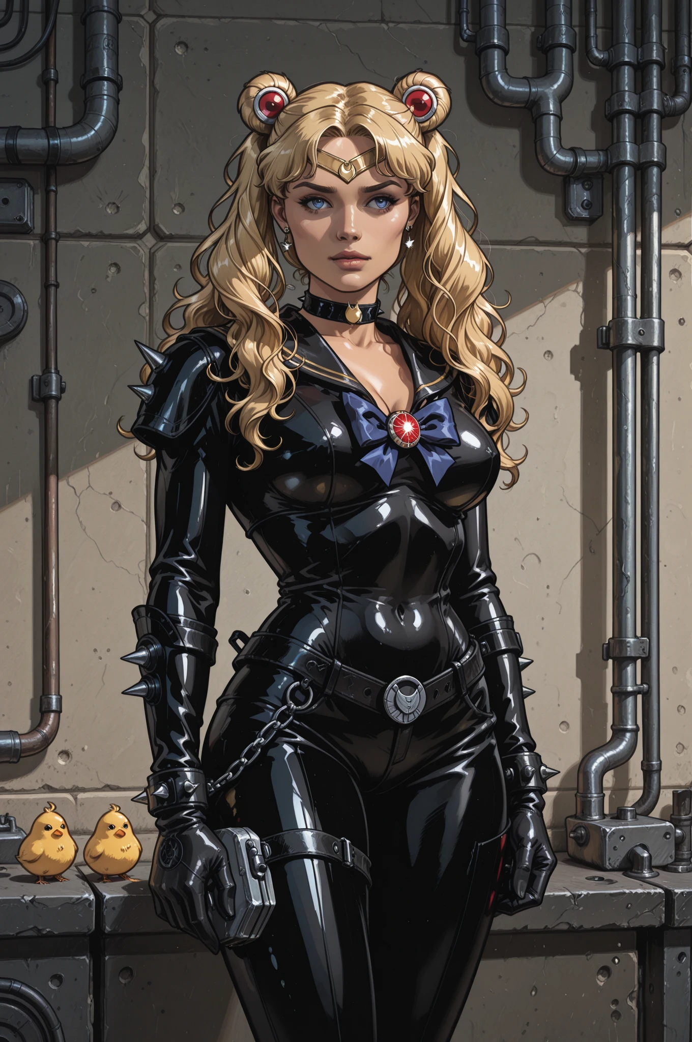 Sexy hermaphrodite, plump pursed lips, freckles, long curly black and yellow hair with bangs, crystal blue eyes with smoky eye shadow and black eyeliner, black semi-matte lipstick, dark skin, flirty smug smile, large intersex genital bulge, fit body, large plump breasts