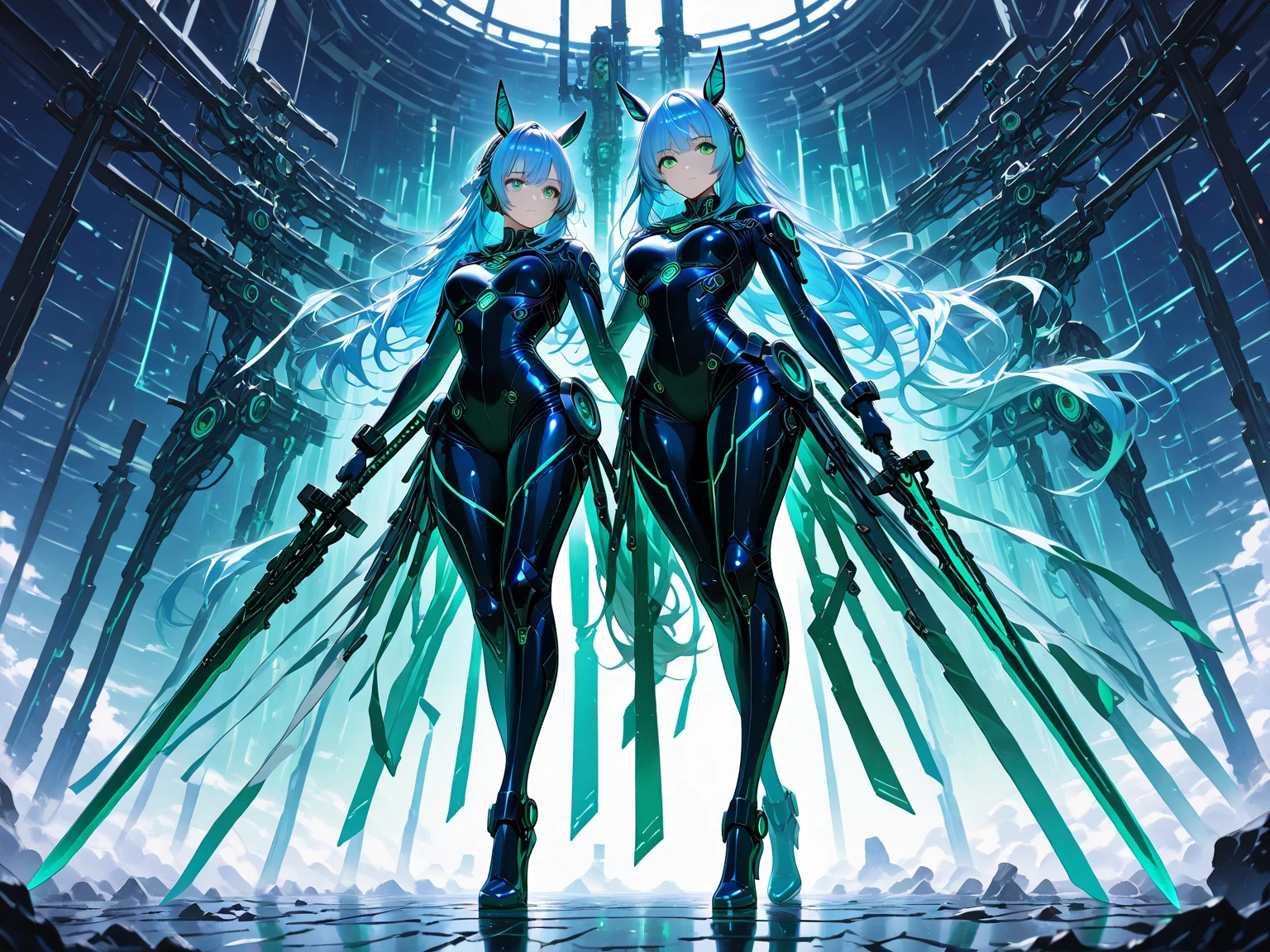 cyber punk perssonage,Blue steam,Green fluorescence,Red lumens,Purple fog,sense of science and technology,Cyberwind,Future wind,fox ear