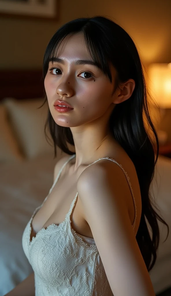 Highly detailed CG Unity 8k wallpaper, top quality, super detailed, masterpiece, realistic, photo realistic, very detailed girl, 25 years old, round eyes, viewer, small and perky breasts, sexy bra, blush, parted lips, (crowd), (crowded rocker room) , half body shot ,(all fours)