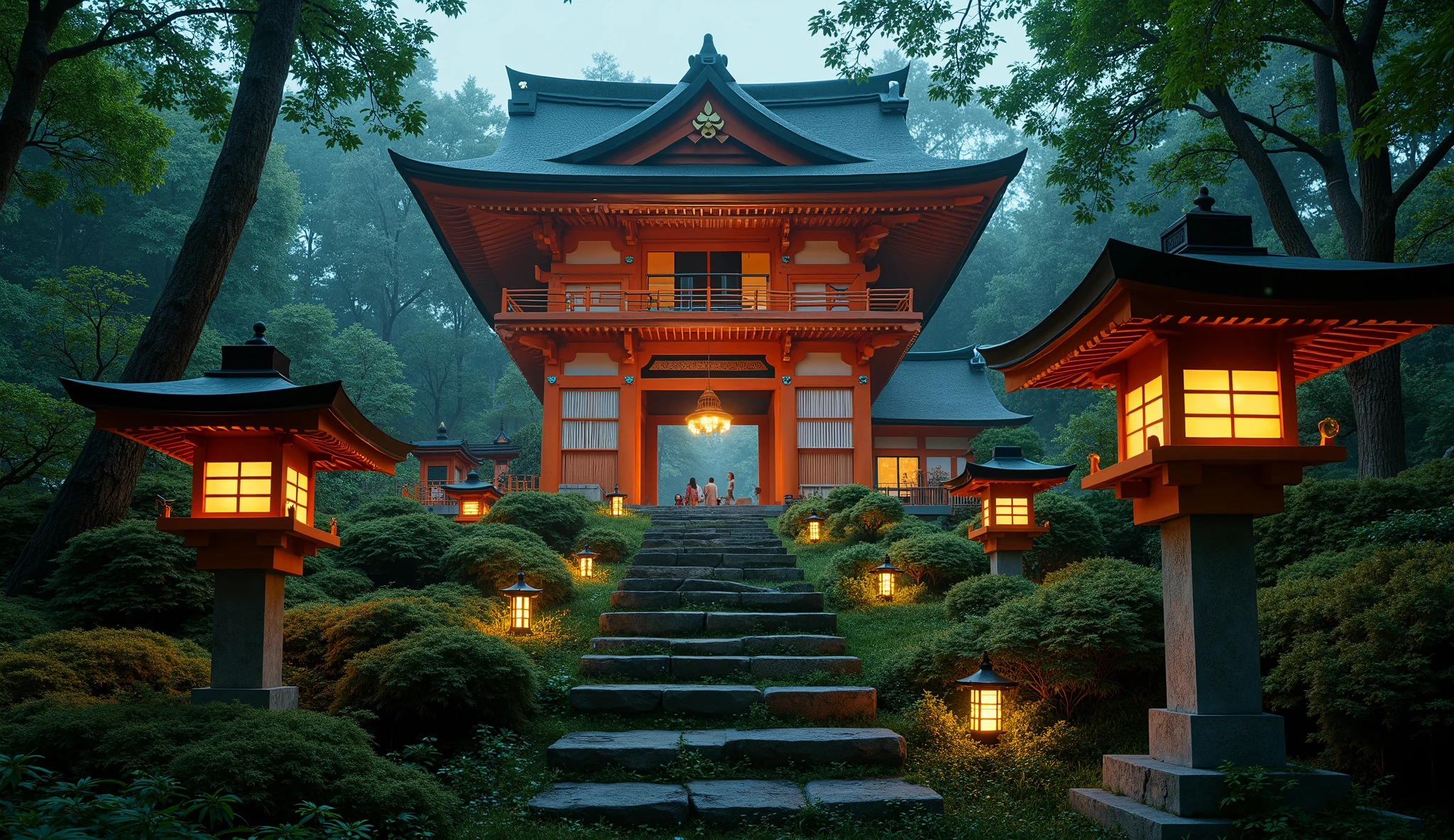 (The precincts of an old vermilion Japanese shrine that appears when you go up the mossy stone steps:1.5),(An old majestic shrine that appears when you climb the mossy stone steps lined with fantastic stone lanterns:1.5), (glowing fireflies are flying around:1.5),Mysterious view of the world,fantastic atmosphere,A fox fire is lit in front of the shrine building,(Japanese-style stone lanterns made entirely of stone:1.5),
