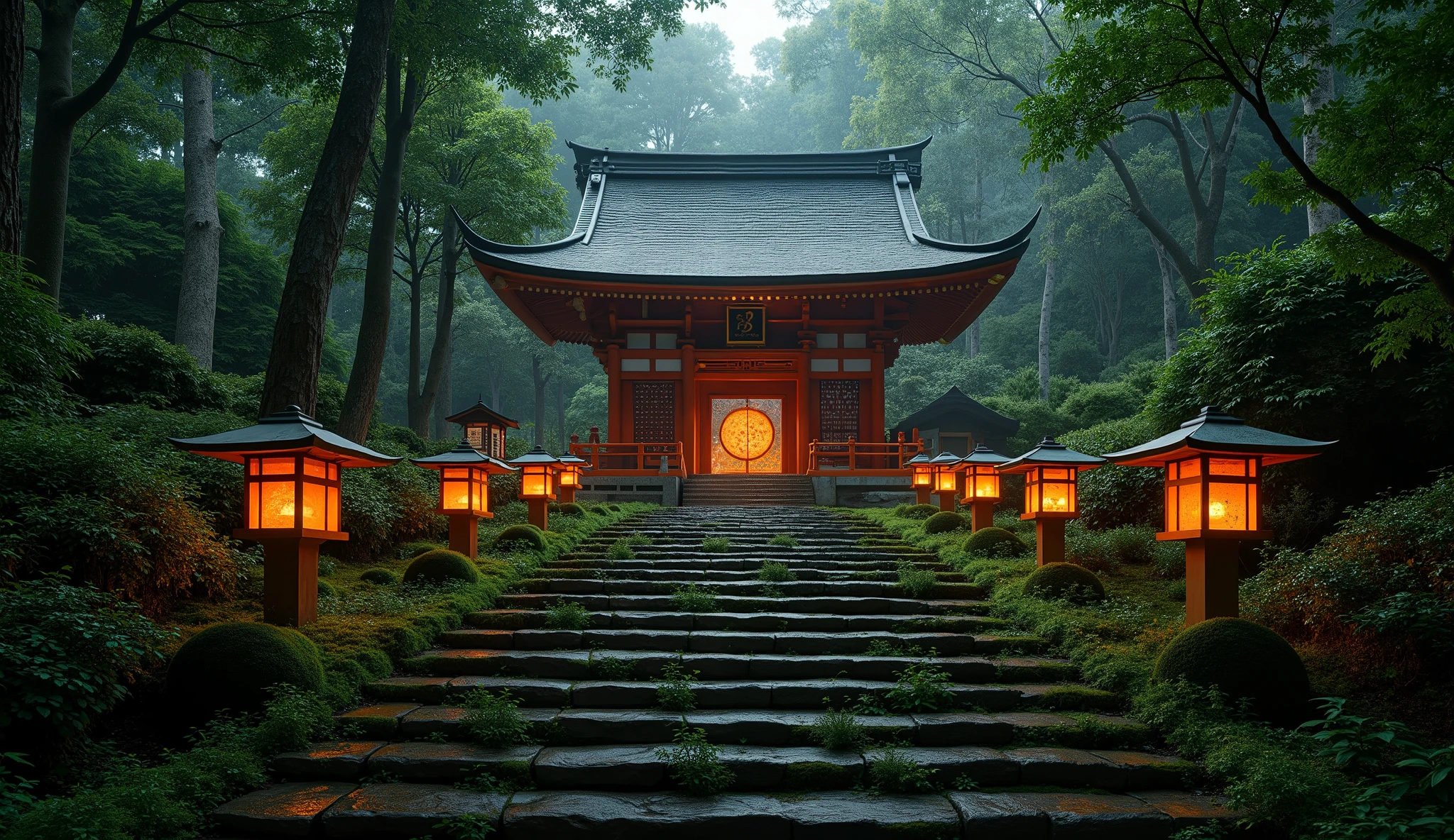 (The precincts of an old vermilion Japanese shrine that appears when you go up the mossy stone steps:1.5),(An old majestic shrine that appears when you climb the mossy stone steps lined with fantastic stone lanterns:1.5), (glowing fireflies are flying around:1.5),Mysterious view of the world,fantastic atmosphere,A fox fire is lit in front of the shrine building,(Japanese-style stone lanterns made entirely of stone:1.5),