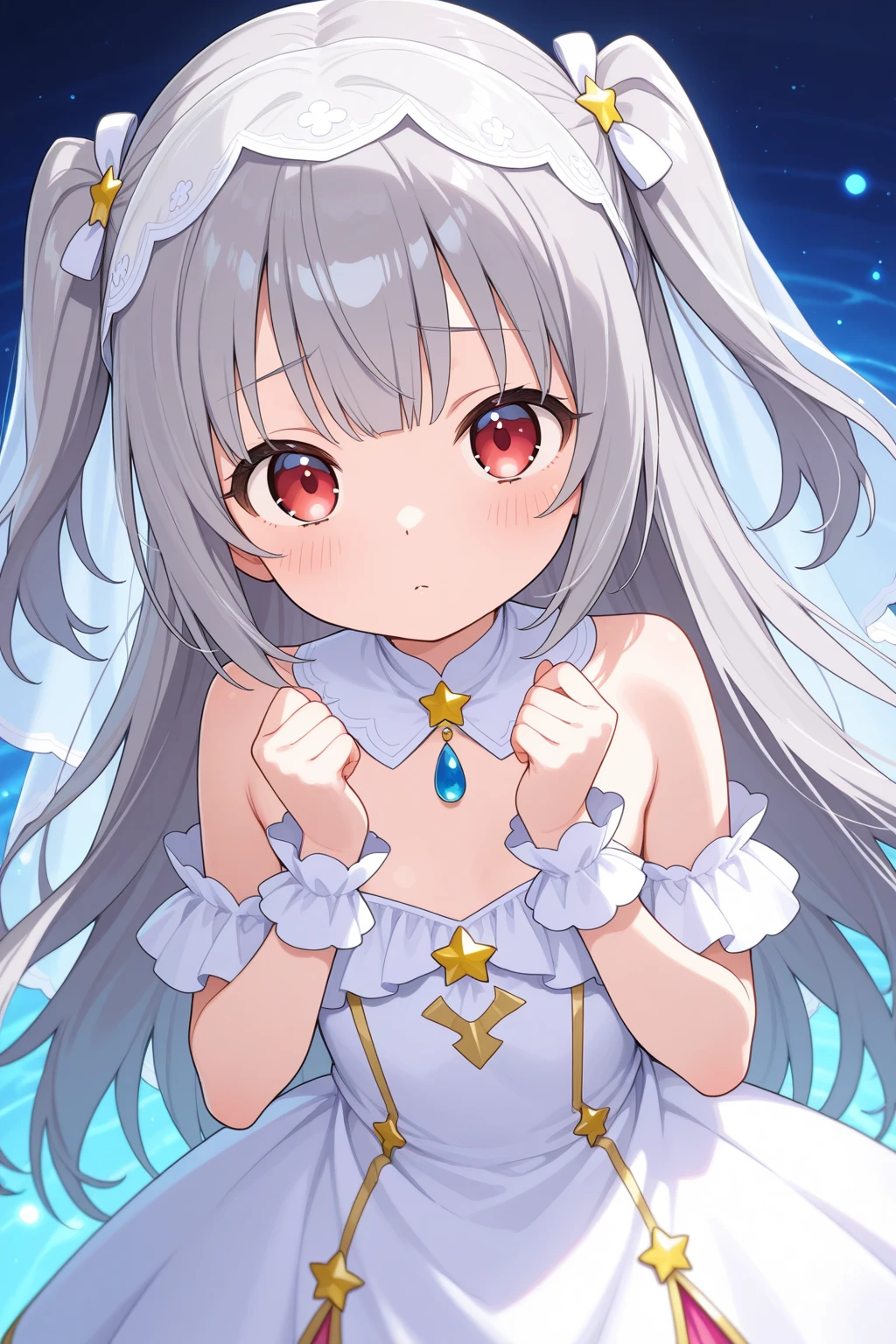 (best quality, masterpiece:1.2), ultra detailed, extremely detailed eyes and face, natural skin texture, detailed skin, natural lighting,
 chibi, 1 girl, 12-years-old, (cute), silver hair, middle hair, straight hair, shiny hair, blue eyes, flat chest,
 (wearing red bellydancer), fang, mesugaki face,
 upper body,