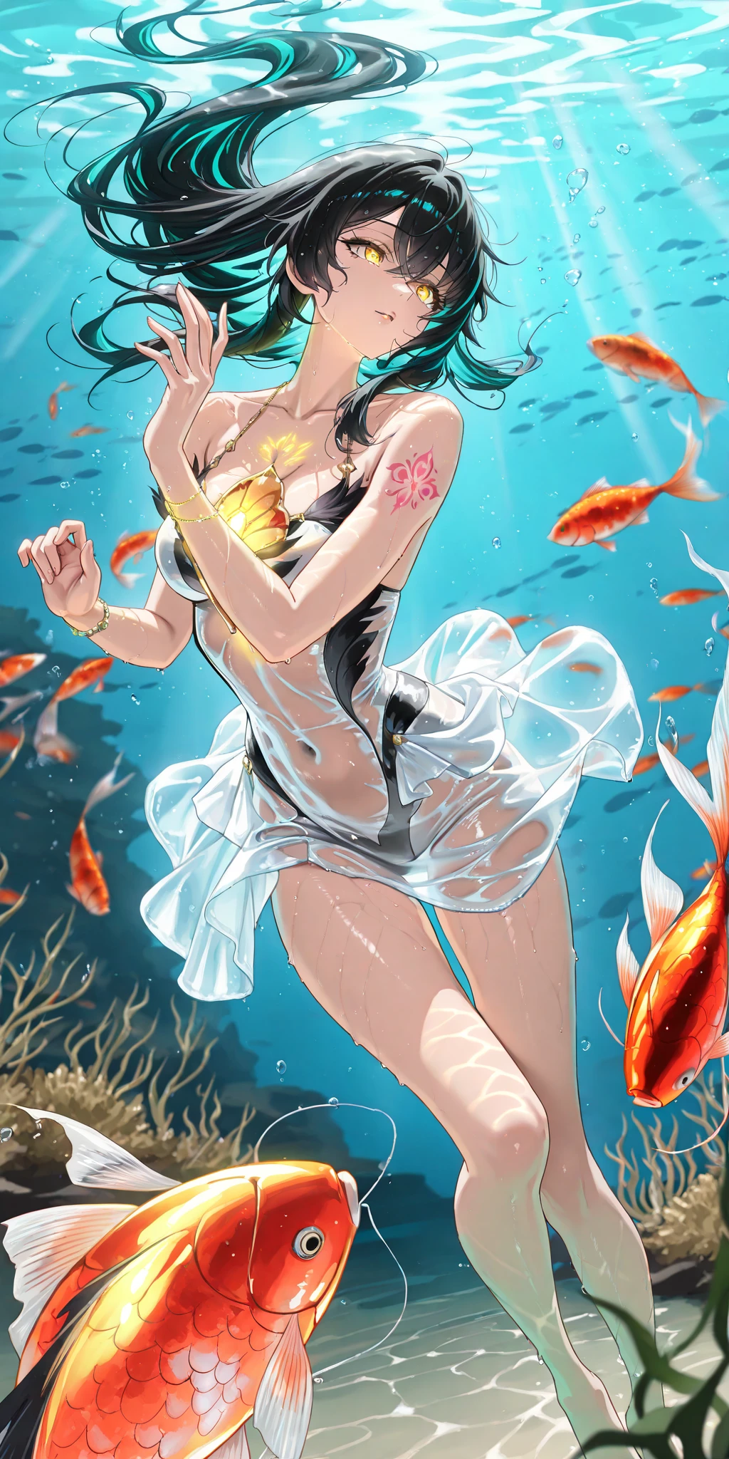 Girl with braid hair, looking at view, transparent shirt and bottomless, underwater in the sea floor with a bunch of fish swimming in the background