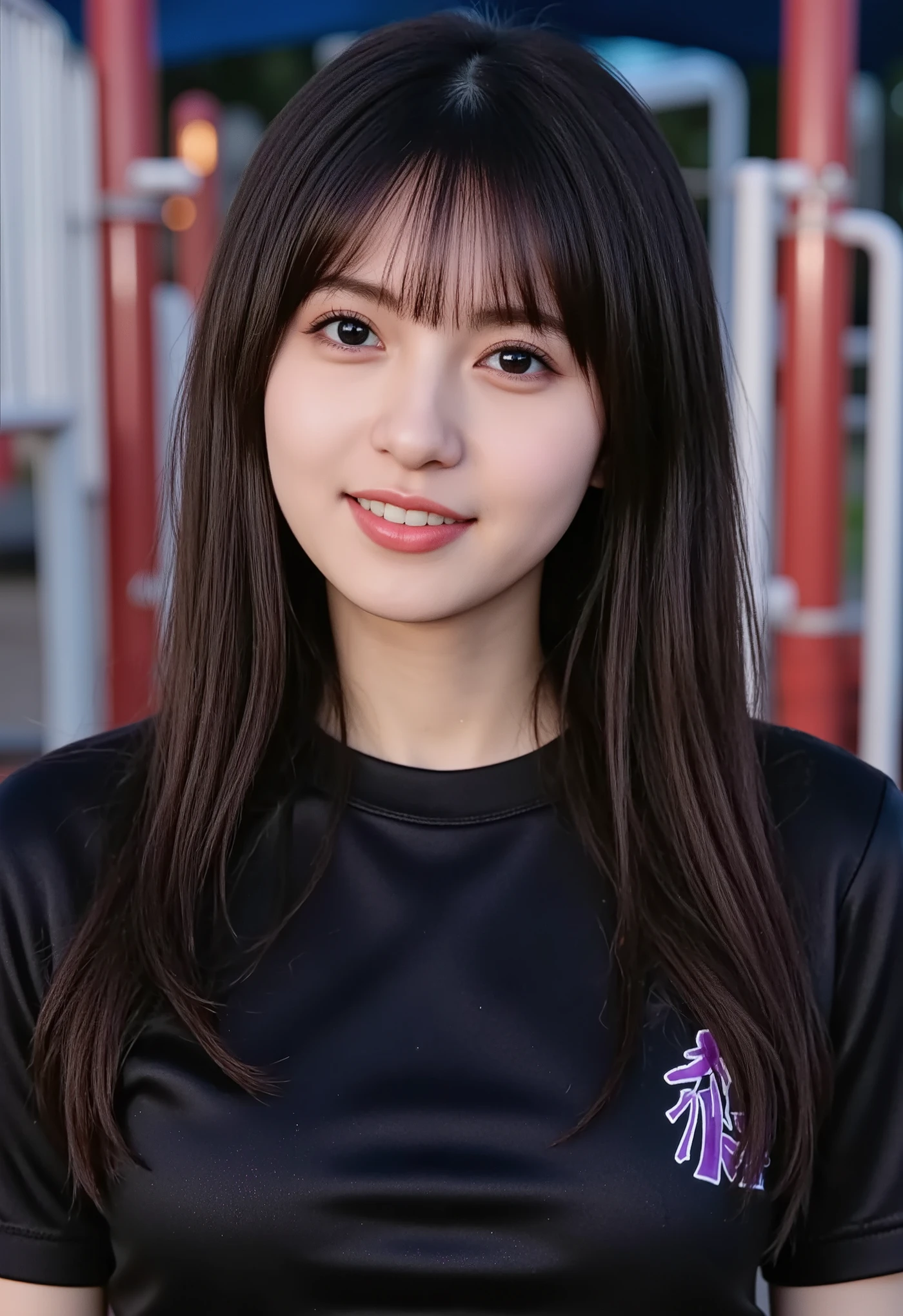 ((((look at the upper body of a dark-haired woman with long bangs)))),((1By people)),((beautiful black hair)),((((I have bangs)))),(((((The hairstyle is a woman with long hair))))),((((a woman with long hair with bangs)))),realistic person images after the battle,Realism,best quality,mastepeace,top quality,best quality,highest resolution,fine details,(beautiful precise face),black eyes,realistic skin,( Exact Upper Body),Realismのある肌,(Smile Yan),((A single mature woman enjoying )),(showing off my huge breasts),((Upper body up close)),(((A single mature woman enjoying ))),(((Women wearing shiny t-shirts))),hair is black,((((It's a woman with huge breasts)))),((((smiling)))),(((women wearing shiny T-shirts))),((((a woman wearing a shiny T-shirt at an outdoor children's park at midnight1By people)))),((((T-shirt with purple logo)))),