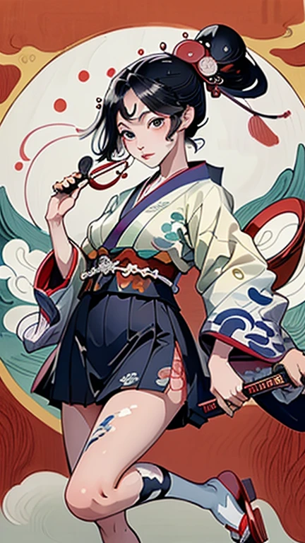 (((((roll up bandage sideways on a  chest tightly to cover the chest without gaps))))),  (((bandage samweways))), the bantage is no chest shape, flat chest, ((Japanese Gangster BOSS)), adult woman with the dignified presence, Killing Qi, wear nothing around shoulder, wear nothing around neck, wear the kimono, wear it below the waist, (I wind it up to control it, and to attach it),  ((kimono come off)) ,wear the kimono multiple times, Bare shoulders and the clavicle, black and gold kimono, put on over jacket of kimono, (holding a japanese sword which shine in purple, The handole of the sword is black, and the blade is gray, long sword), eye fire, low angle, whole body, bandage is seen, anime character, Glaring, off sholder, nappropriate smile, Excellent, black blue hair, can see both shoulder, ((long kimono hem)), small face, ((some cherry blossam big tattoo on the arm)),((Sit with your legs folded)), ((background Japanese gate with circlr mark)),muscular,drink sake,fullmoon in the sky, The kimono is spreading,(((ultra-detailed))),super beautiful,Masterpiece,Killing Qi,Intimidation