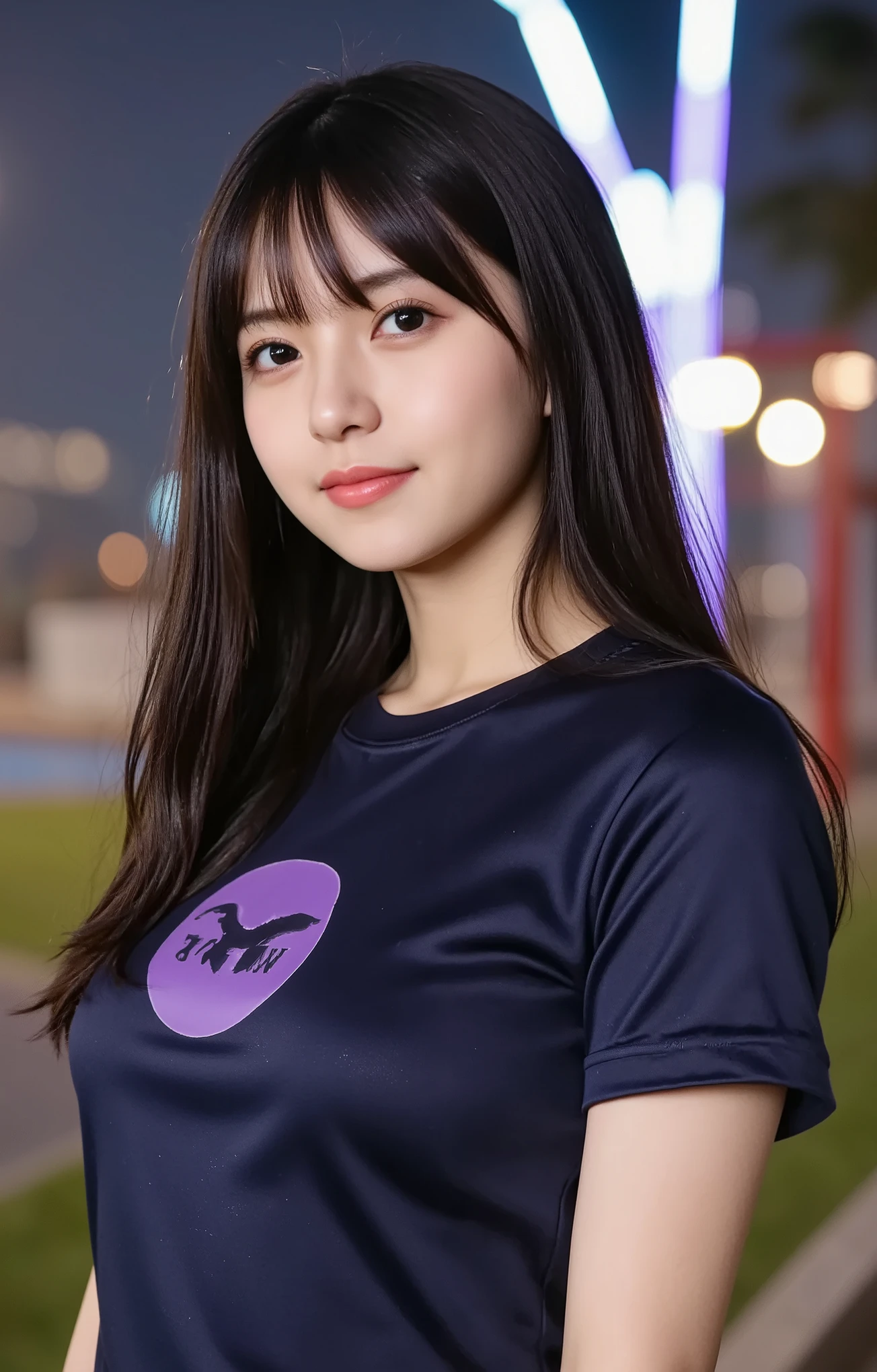 ((((look at the upper body of a dark-haired woman with long bangs)))),((1By people)),((beautiful black hair)),((((I have bangs)))),(((((The hairstyle is a woman with long hair))))),((((a woman with long hair with bangs)))),realistic person images after the battle,Realism,best quality,mastepeace,top quality,best quality,highest resolution,fine details,(beautiful precise face),black eyes,realistic skin,( Exact Upper Body),Realismのある肌,(Smile Yan),((A single mature woman enjoying )),(showing off my huge breasts),((Upper body up close)),(((A single mature woman enjoying ))),(((Women wearing shiny t-shirts))),hair is black,((((It's a woman with huge breasts)))),((((smiling)))),(((women wearing shiny T-shirts))),((((a woman wearing a shiny T-shirt at an outdoor children's park at midnight1By people)))),((((T-shirt with purple logo)))),