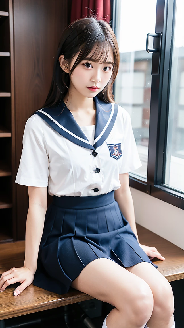 uniform、Sailor suit、Tabletop, Highest quality, Japanese Girls,One Girl, 8k, RAW Photos, Highest quality, Tabletop, Debtdebt:1.2, Highly detailed RAW color photos, Professional photos, (Realistic, Realistic:1.37), (Highly detailed skins:1.2), Ultra-high resolution, (Lens: 50mm), (debt/1.2),Exquisitely drawn eyes,Gazing at the audience,Korean Idol、Nogizaka Idol、classroom、Sit on a desk、In front of the blackboard、Spread your legs、Skirt gets flipped up、I can see her panties、Spread your legs、Hands behind your back、smile、Straight hair, (short hair), iris, White, fine-grained skin,Small Mouth, high cheekbones