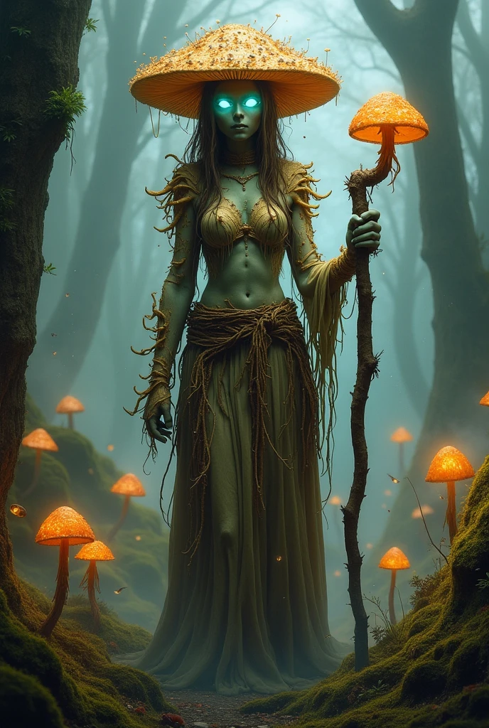 Full body, beautiful sexy female toadstool witch with fungi moss and mushroom hat, roots, Full Body, Moody forest lighting, mossy body, misty atmosphere, wide lens. cinematic lighting, full body, photo-realistic, hyper-detailed, clean, clear, facial-symmetry --auto --s2