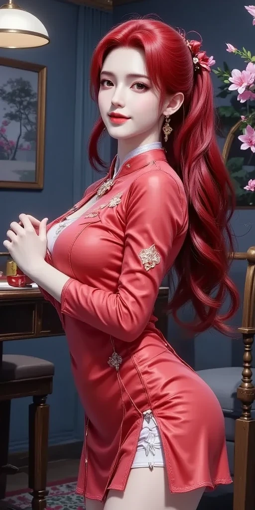 Hilda, 1girl, large_breasts, jewelry, red_hair, solo, long_hair, necklace, cleavage, grey_eyes, dress, standing,
