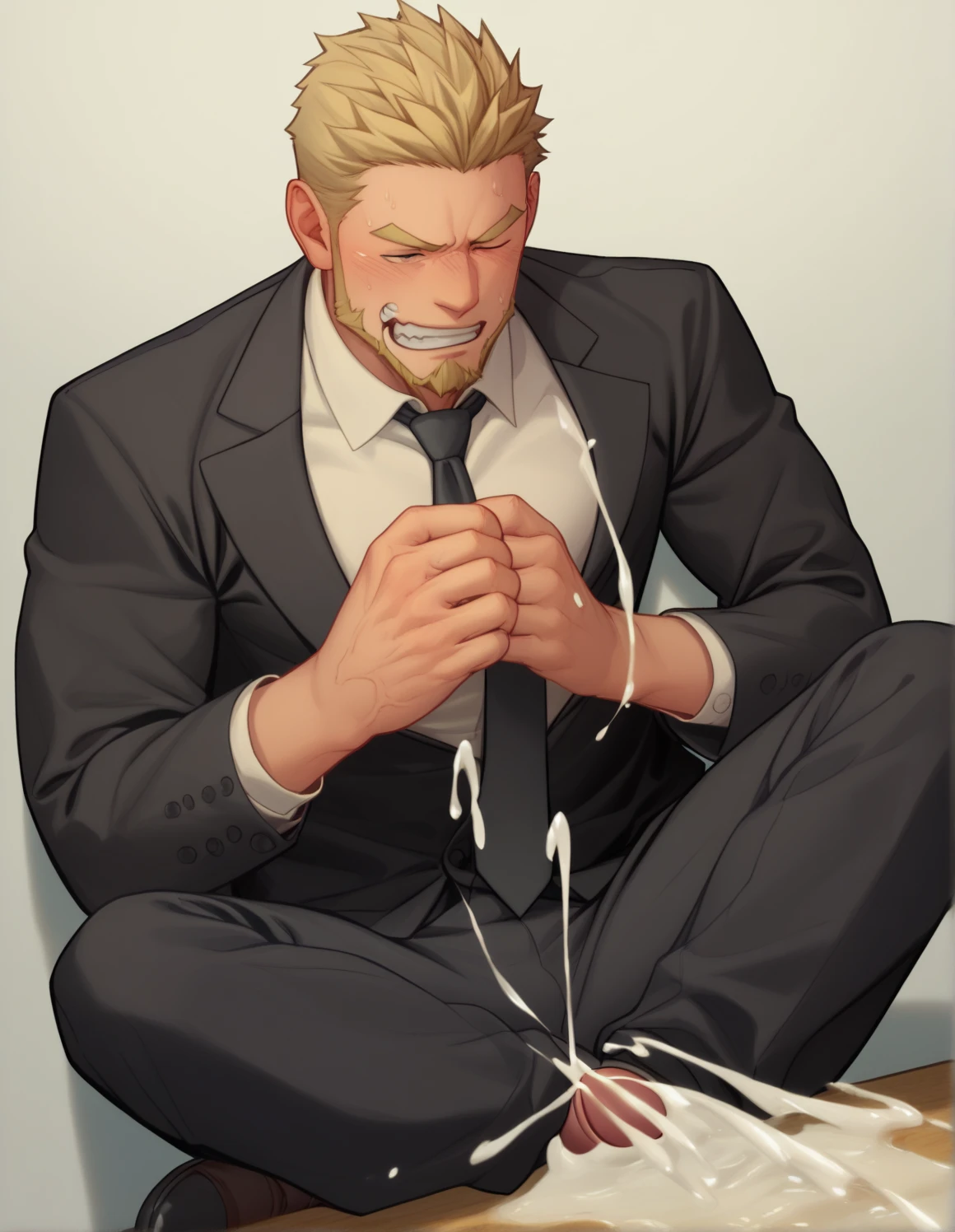 , grey haired bearded handsome muscular man wearing an open button White shirt and red tie and grey pants laughing,gagged ,hands above head tied up, blindfolded, blushing face, , armpits tickling by hands, ribs tickling by hands, armpits scratched by hands, armpits poked by hands, tickle, tickling,hand all over body, office background