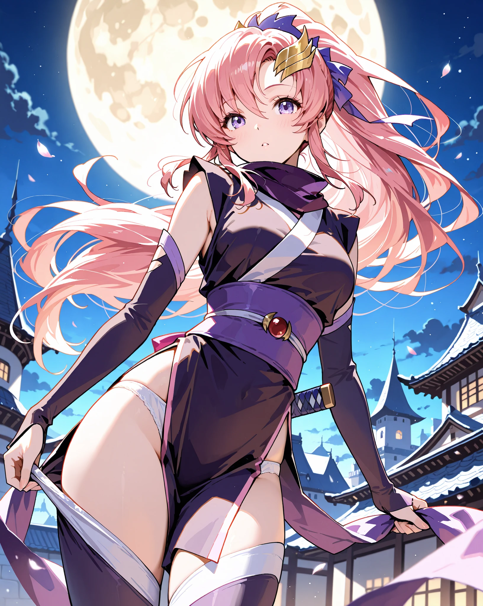 Moon Night，Floating above the lake，Magically heal，Show me your big ass，big breasts thin waist，long legged，big butts，1 persons，24 year old，very large breast，Wizard's attire，holding a magic wand，Pink bun hair，A large ribbon in the hair，T-back，