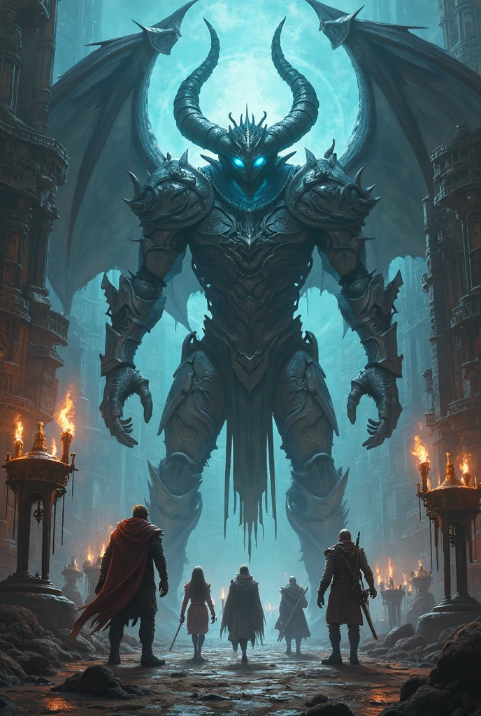 Dark fantasy two knights fighting a big giant in a big house