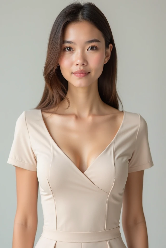 Highest quality, masterpiece, High resolution, Photorealistic, Shadow-free, professional lighting, Very detailed, Depth of written boundary, ((Japanese women)), ((One beautiful woman)), ((40 years old)), Sexy Woman, ((Shooting without shadows in front of a white wall)), ((White camisole, Denim shorts)), Detailed face, Beautiful Eyes, Bans, Shapely small breasts, Light brown straight hair, Faint lips, ((Stand in front、Staring at the audience, A little smile)), Cowboy Shot, sharp, ((Slightly large breasts)), Erotic smile, Cleavage, ((Stand facing forward、View your viewers ))