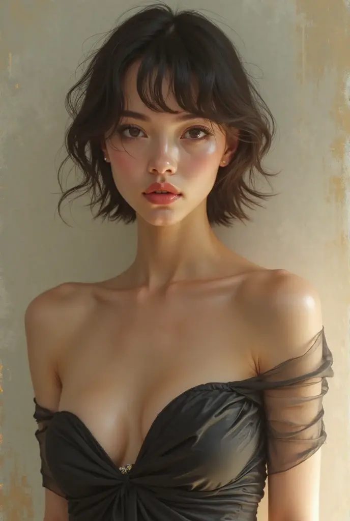Best quality, masterpiece, ultra high res, (photorealistic:1.5), raw photo, 1girl, offshoulder, in the dark, deep shadow, low key, cold light, sexy look, short hair, no clothes