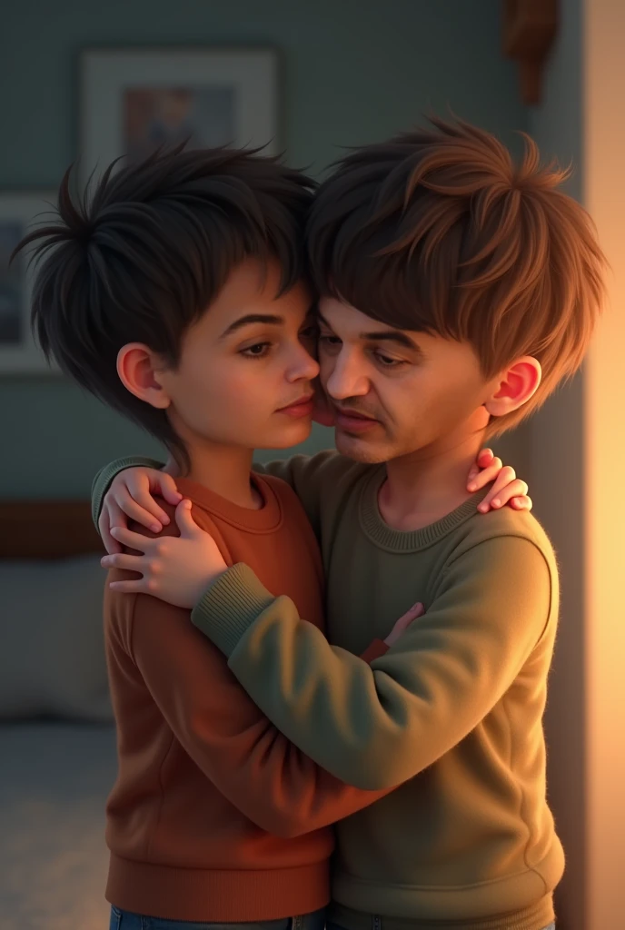 A  273 pound white boy with short hair and glasses kissing his dad