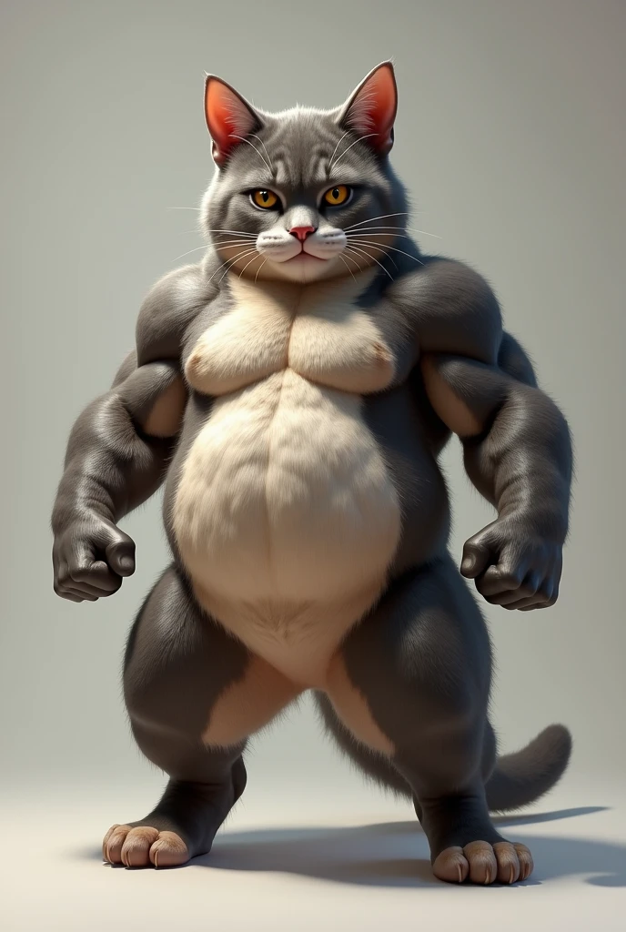 hyper growth, hyper muscles, Bulge, furry growth, A furry cat, blue cute cat, shirtless, wearing shorts, exaggeratedly huge and muscular, on a gray background