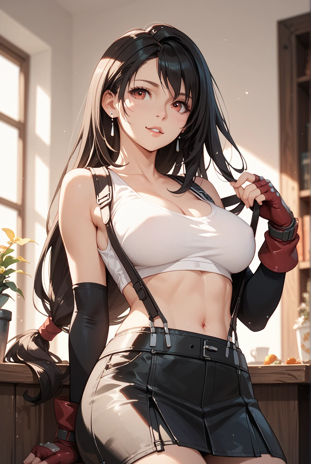 best quality, ultra-detailed, high resolution, extremely detailed CG, unity 8k wallpaper, super detailed skin, detailed, dynamic lighting, beautiful detailed eyes, defTifa, white crop top, elbow pad, fingerless gloves, suspenders, very short pleated miniskirt, red boots, bar counter, sitting, knees up, red eyes, serious, smile, fighting stance, sparring, large breasts, muscular belly, thights,