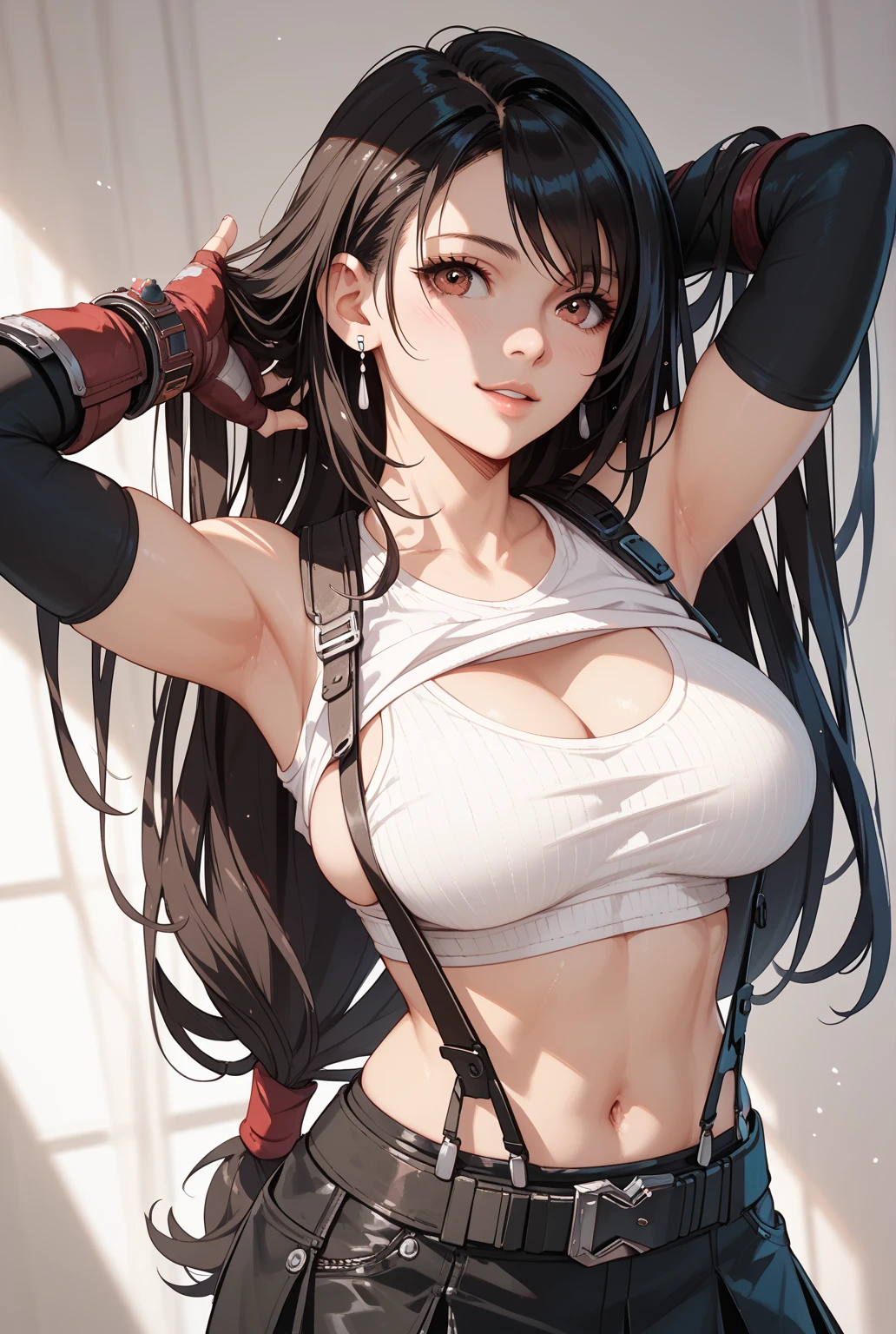 ((highest quality)),(ultra high resolution),(Super detailed), (best work of art), (1 young girl:1.5), beautiful and well-shaped face:1.5,(Beautiful skin with precise and detailed depiction:1.6),(sports bra and waist band nylon shorts ),gorgeous, masterpiece, best quality, high-resolution, finely detailed, extremely detailed and beautiful, distinct-image, hourglass figure,, 1 girl, 18 year old teenager, solo, sharp facial features, oval shaped face. cherry red lips,. velvet-colored eyes, C-cup breasts, tall height(175cm), slim curves, toned body type, flowing waist length ink-black dark violet hair, small narrow waist, long and slender legs, curvy wide hips, modern athletic setting, lightly tanned white skin