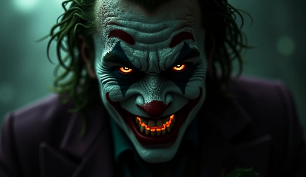 Close a powerful threat, The creepy appearance of the mysterious and frightening Joker, inimmigo de Batman, vestido com de forma elegante mas colorida, menacing stare, ricamente detalhado, Hiper realista, 3D-rendering, obra-prima, NVIDIA, RTX, ray-traced, Bokeh, Night sky with a huge and beautiful full moon, estrelas brilhando, 8k,