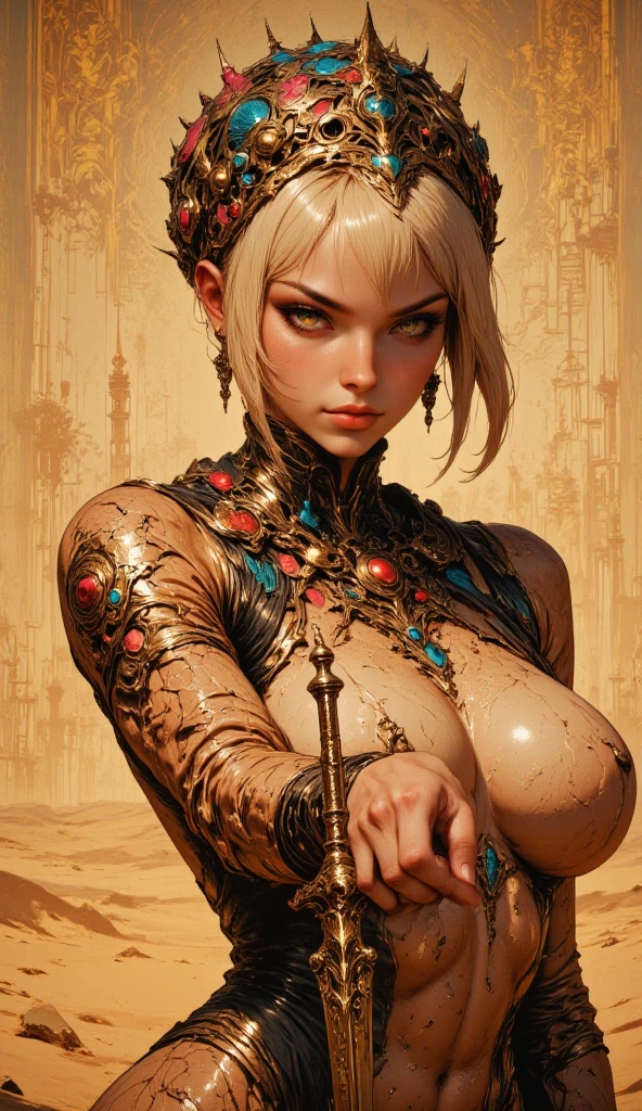 ((Detailed face)),((Mucha's style)),(vulgar),(portrait),African woman,Tits that are too big,blond hair,pompadour,(arms behind back:1.2),((addiction to sex))((light-armed man warrior)), half sticking out of clothes,(high position:1.6)
