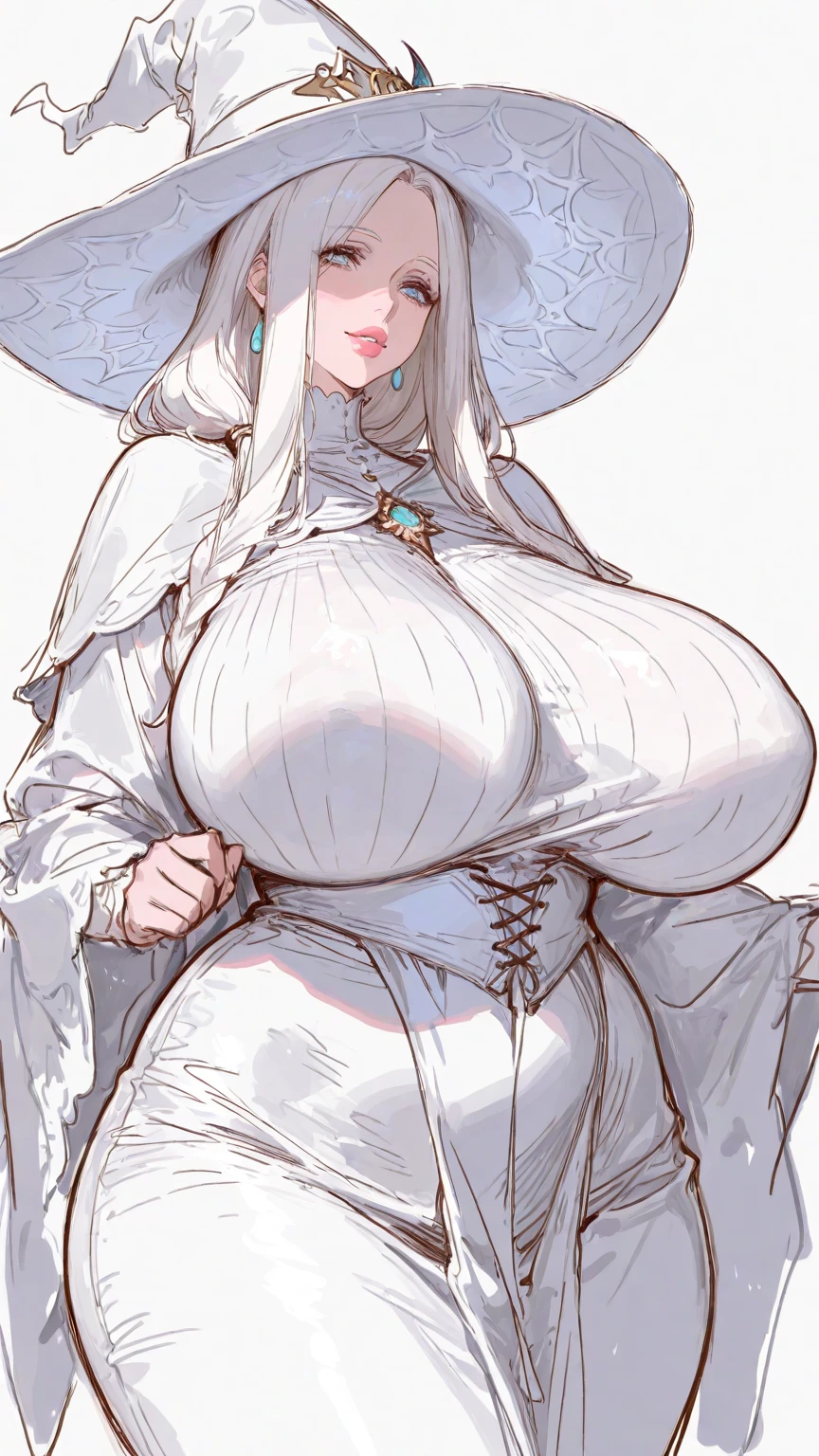 (masterpiece, best quality, highres, detailed, realistic:1.2), young teenage woman, young, teenager, sorceress, (gigantic breasts:1.8), (detailed face, beautiful face), (excited expression:1.2), closed eyes, thin, slender, innocent, (casting magic, glowing spell:1.2), forest, witch hat, topless, black cloak, lactating