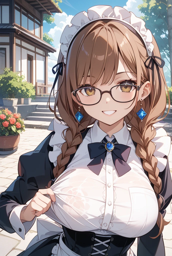 zzmiuaa,1girl,solo, leonardo da vinci \(fate\), small breasts, brown hair, blue eyes, glasses, adjusting eyewear, blue pantythose, bare arms, indoors, smile, standing, workshop <lora:miubeasts_ponyv1:1> <lora:Yabuki Kentarou_XL_PONY:1>, score_9, score_8_up, score_7_up, score_6_up, score_5_up, score_4_up, BREAK source_anime, masterpiece