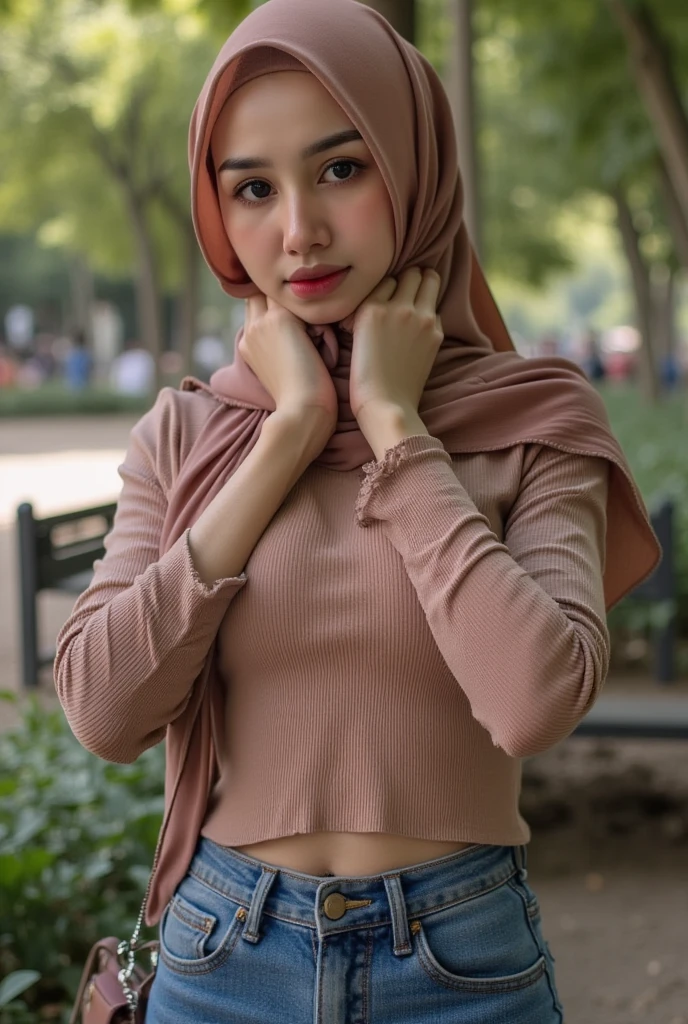 RAW, Best quality, ultra high resolution, (Masterpiece:1.3), (photorealistic:1.4), UHD, perfect face, 

an Indonesian babe look like santi, ((curvy:1.0)), (veil hijab, glasses, long tight white collared shirt, jeans), smiling, seductive gaze,

half body, photo \(far\), dynamic pose,

Professionally color graded, atmosphere, amazing depth, rich colors, powerful imagery, psychedelic overtones,