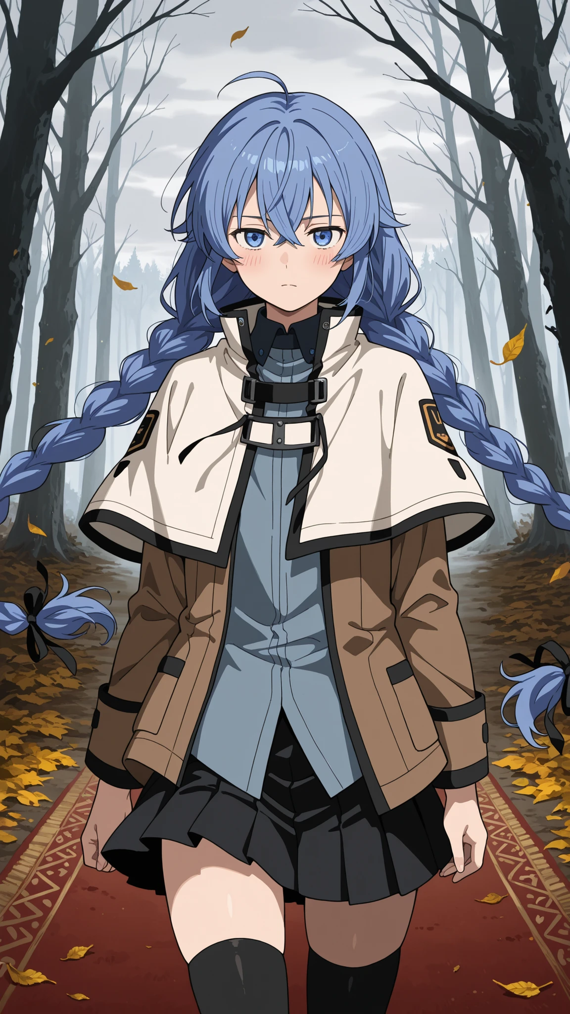 BREAK (masterpiece:1.2), best quality, high resolution, unity 8k wallpaper, (illustration:0.8), (beautiful detailed eyes:1.6),"Dark and moody autumn forest, towering trees with sparse red and golden leaves, thick carpet of fallen foliage, leaves slowly drifting down in the wind, overcast grey sky, dramatic lighting, damp forest floor, mist creeping between trunks, melancholic and cinematic atmosphere, cold ambient tones, broken branches and decay, ultra-detailed, photorealistic, wide cinematic view,roxy, ahoge, black ribbon, blue eyes, blue hair, braid, hair between eyes, hair ribbon, long hair, twin braids, very long hair,black legwear, black skirt, capelet, jacket, brown jacket, long sleeves, miniskirt, open clothes, open jacket, pleated skirt, skirt, white capelet, white footwear, white jacket,blush, seductive expression,floating hair,floating skirt,looking at viewer,cowboy shot,serious face