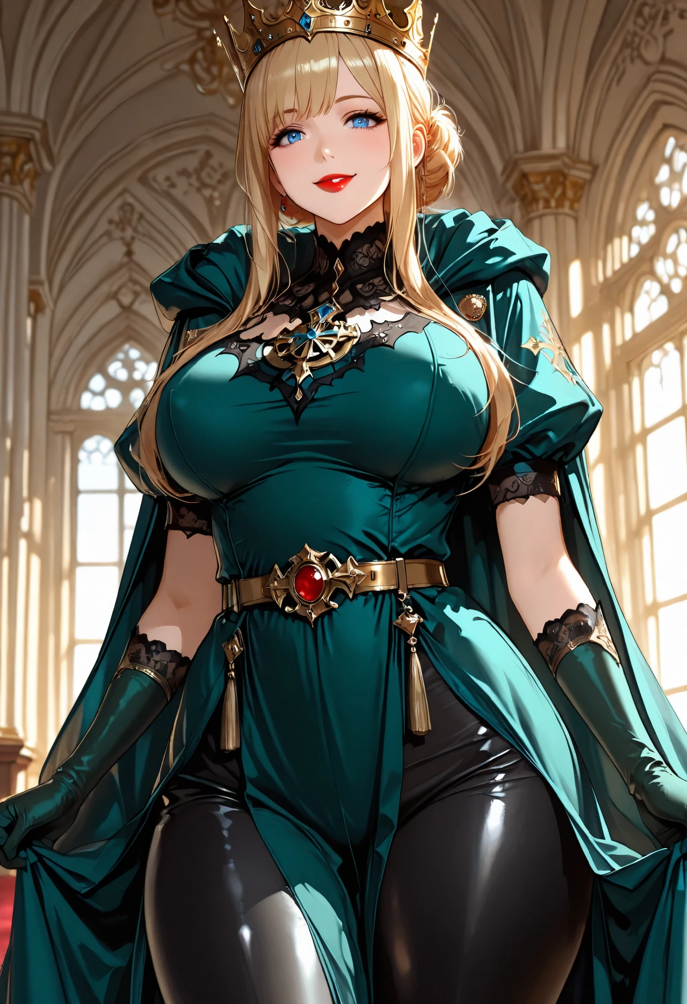 mariather, 1girl, solo, earrings, choker, robe, green dress, black gloves, elbow gloves, pantyhose, high heels,cleavage, full body, palace, tapestry, standing, couch, window  <lora:mariather_V4-10:0.8>