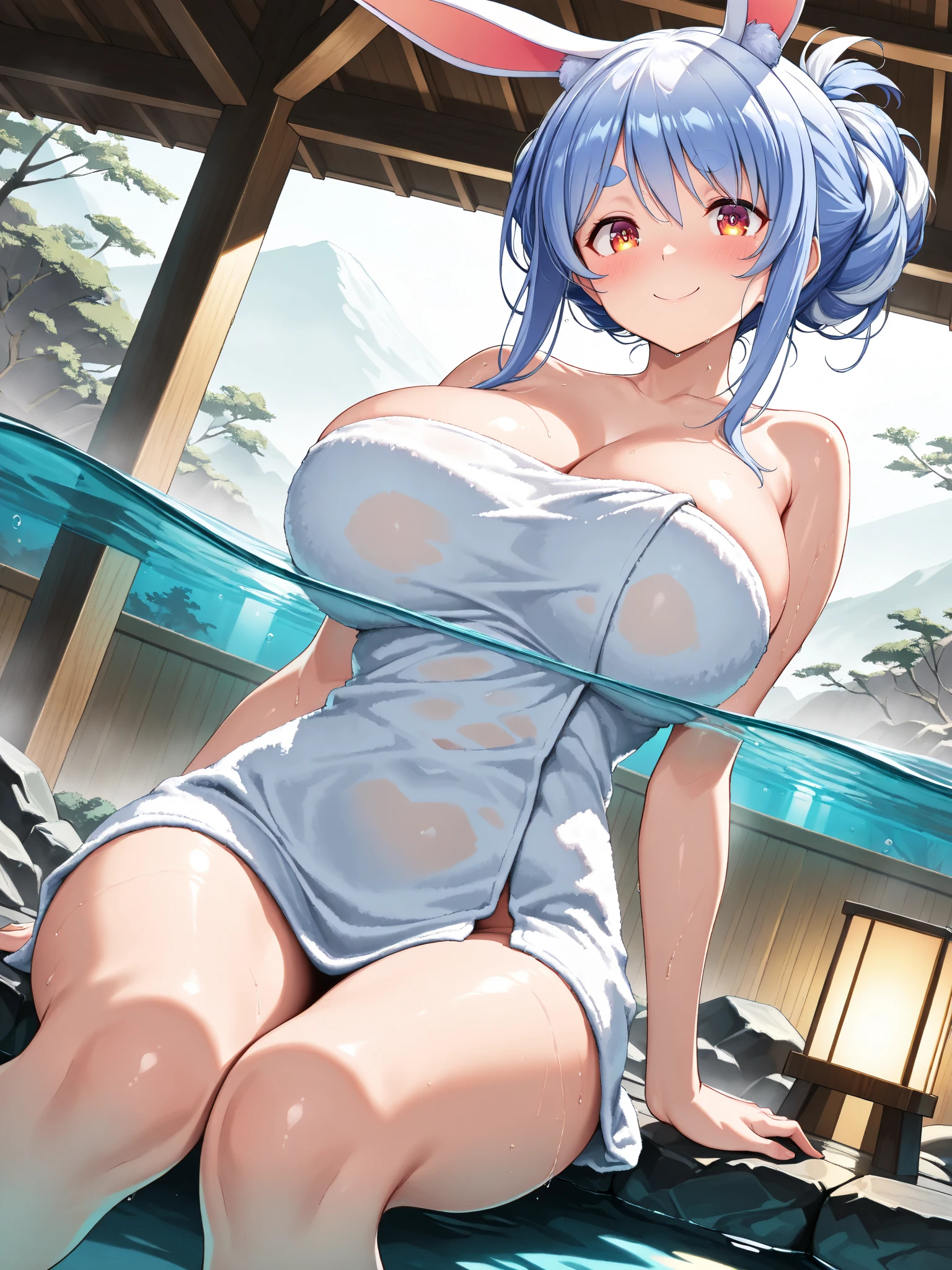 1girl, nsfw, sajouayaka, black hair, short hair, Blue eyes,, large breasts, , , empty eyes , large breasts, nipple, , Peeing, lactation, projectile lactation, modern beach house, expansive windows, open living spaces, outdoor living areas, breathtaking views of the ocean, frozen, wet, crying ,, Naked, , (1girl) ,solo