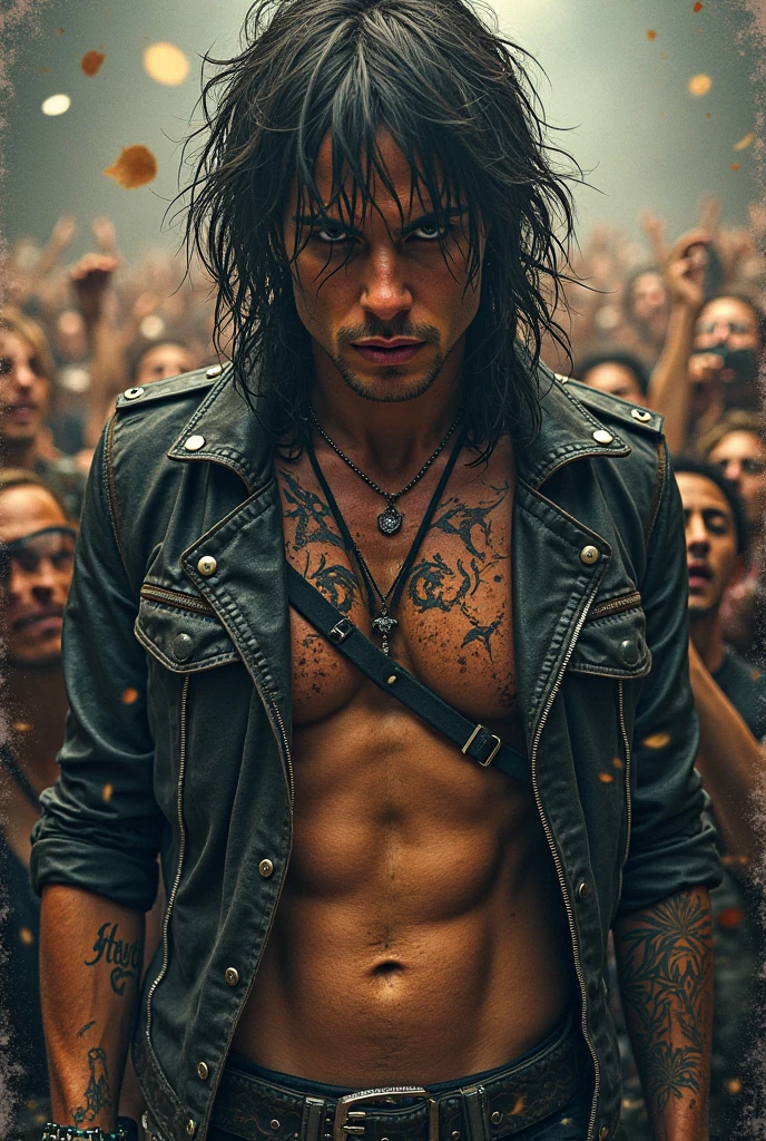 male metalhead, smoking cigarette, concert, alone, leather jacket, ripped jeans, headbanging, black and white