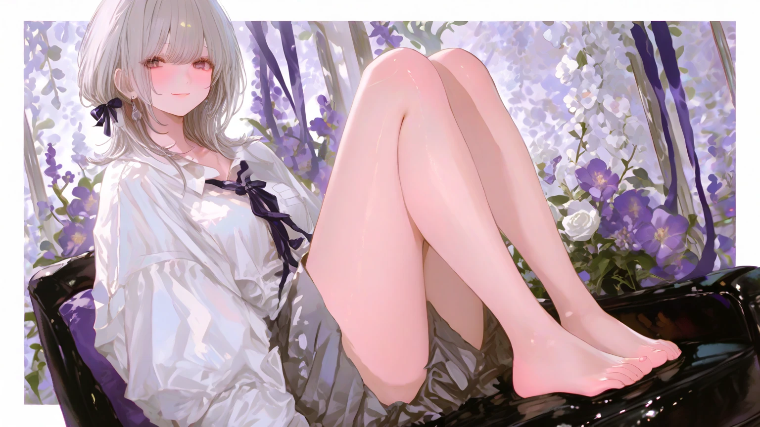 {{Masterpiece}}, illustration, best quality, extremely detailed CG Unity 8k wallpaper, 1girl_solo, full_body, from_below, looking_at_viewer, looking_down,(without shoes: 1.3), garden, figure,Purple hair, braid bangs,Red hair band,(sexy and charming panties),close-up of feet, hair_ribbon, intense edge light, flower,cameltoe,T-shirt,Pleated skirt, (White Pantyhose:1.3), chair,