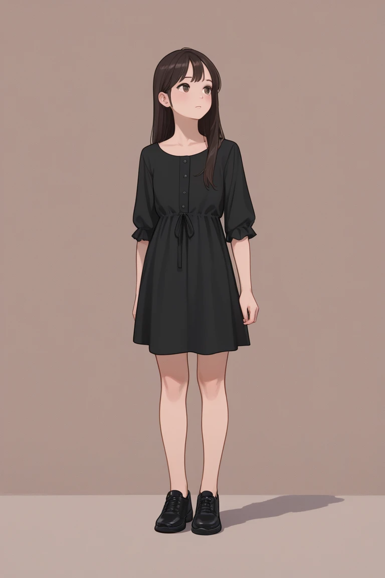 masterpiece,best quality,4K,8K,teenage,oil painting \(medium\),fkey70,
1girl,solo,arm behind back,arms at sides,looking at viewer,
standing,grey hair,
twintails, red eyes,
black sundress,
bare legs,white socks,black mary janes,
simple background,
full body,