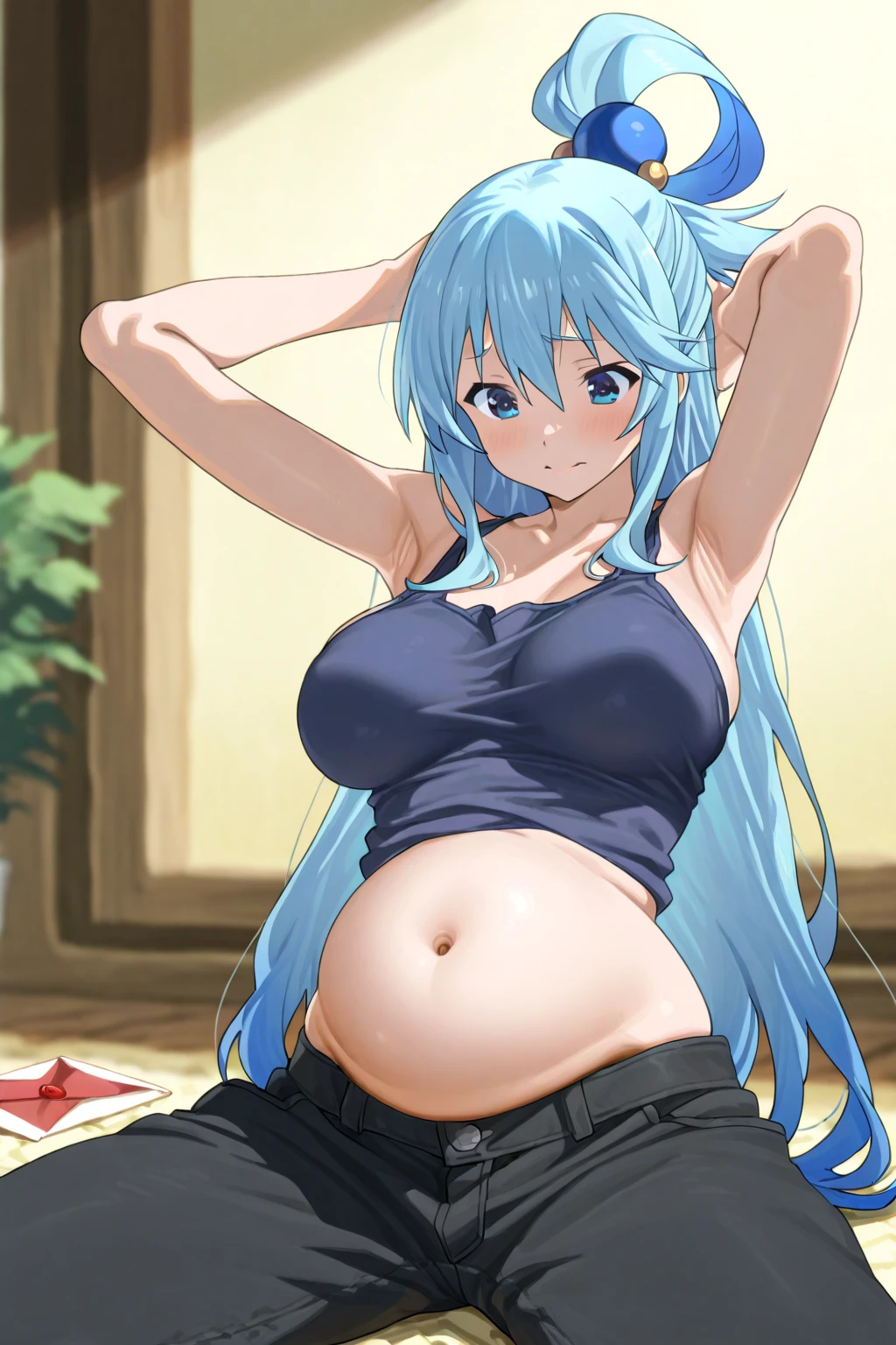 1girl,you work you lose, clothes writing,sitting chair,indoor,living room,bare legs ,AquaXL,sleepy,yawn,blue hair<lora:youworkyoulose_XL_v1:0.8>masterpiece,best quality <lora:Aqua_XL:0.8> <lora:XDetail_light:1>
