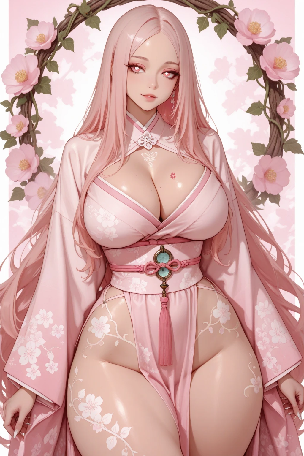 masterpiece,  photorealism,  a seductive pretty 19yo mixed  korean american girl, very long slender legs,  flirtatious smile,  cleavage,  8k,  highres, (((massive natural breasts))), (((massive natural breasts))),splash detailed, surreal dramatic Superlative, Best Quality, Masterpiece: 1.3, Seduction face, Stockings, Full body close-up, SFW giant, Shot, Huge Cool Goddess Shot, SFW Covering SFW, Big areola, Beautiful and Aesthetic: 1.2, Very big, Very big ass, Thick thighs, SFW giant, Shot, Huge Cool Goddess Shot, Big areola, Beautiful and Aesthetic: 1.2, Very big, Very big ass, Thick thighs, 

1girl, icestylesamurai, white skin, very long pink hair, vibrant moonlight eyes, long detailed eyelashes, gloves, wide sleeves, , tassel, sash, the most beautiful and highly detailed hooded kimono, fur trim, curvy body type, perfect ass, thick thighs, super huge enormously gigantic breasts, cleavage showing, tons of tattoos and piercings, arching her back in a sexy seductive slutty pose, looking at the viewer, cherry blossoms blowing in the wind 
