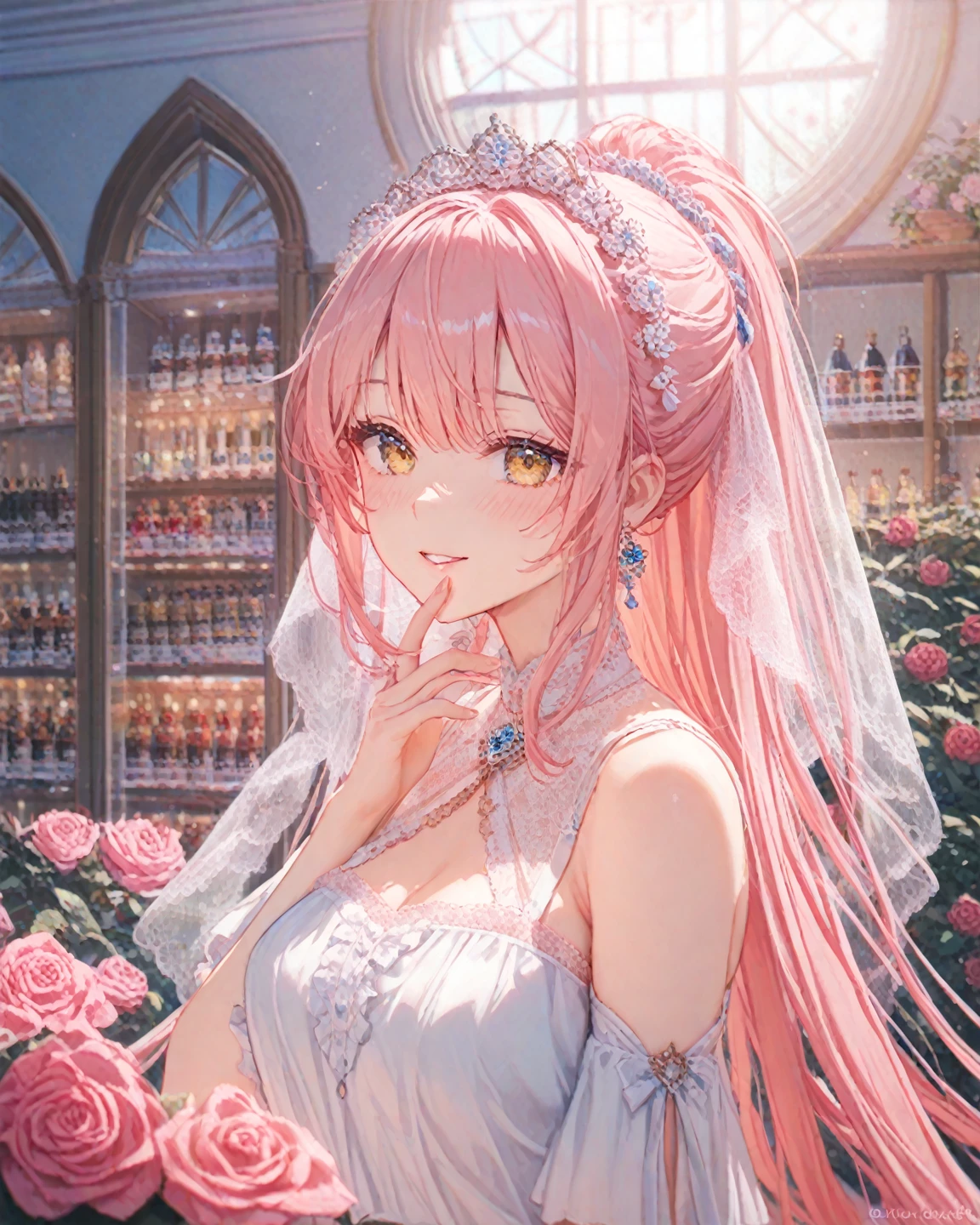 (8K, masutepiece, Best Quality, Official art, ultra beautiful detailed, beautiful lighting, best masterpiece in history that exceeds limits:1.2), (16 years old), (beautiful detailed face), (shiny white skin), (Beautiful big bust, cleavage:1.2), (beautiful detailed pastel pink twin tails hair, Bangs:1.3), (beautiful detailed drooping pink eyes:1.5), break, (Beautiful detailed Luxurious white princess dresses, white See-through intricate lace, cute bow ribbon, a lot of see-through frill, silver thread, diamond, corset), (Beautiful Luxurious Diamonds Tiara), break, (happy smile, Attractive, Look at the camera, cute pose), breathtaking scenery, (ultra detailed beautiful white princess room), (ultra detailed realistic beautiful, a champagne tower, a five tiers champagne glass, champagne:1.3),