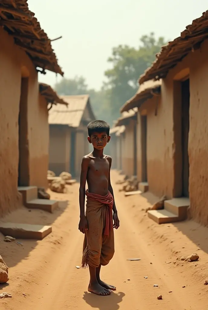 "A small, rural village in India with thatched-roof houses and dusty roads. In the foreground, a young boy, around 10 years old, with tattered clothes and hopeful eyes, stands alone. The villagers around him are busy with their lives, paying little attention to the boy. The setting sun casts a warm glow, highlighting the boy's determined expression as he dreams of a better future."