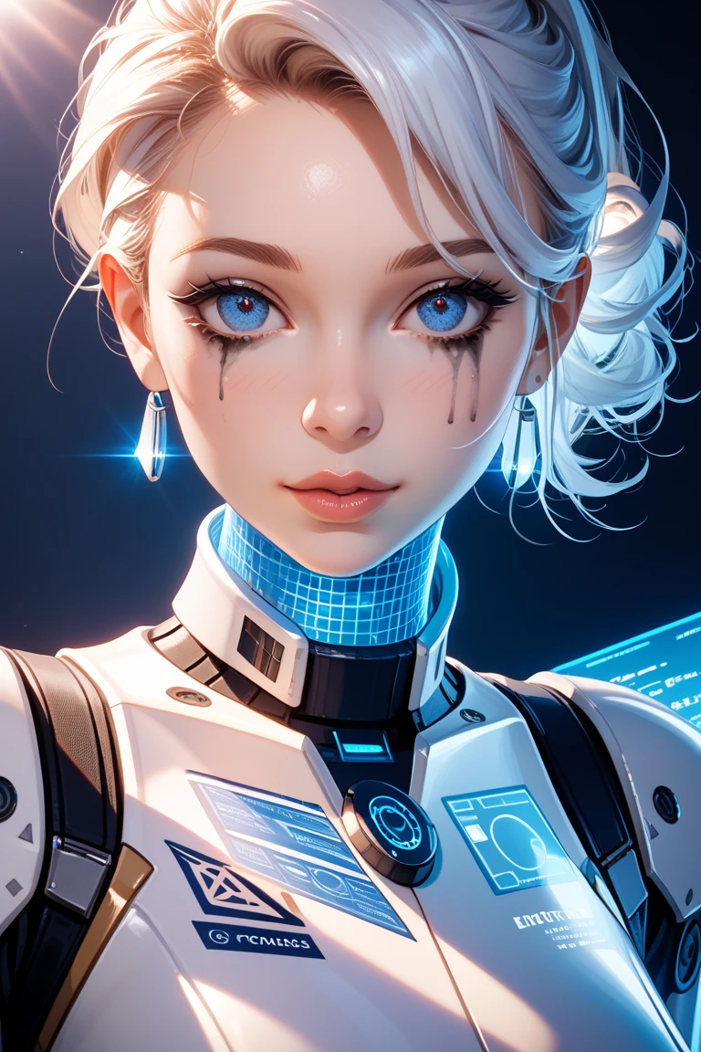 Complex 3d rendering very detailed beautiful ceramic silhouette female robot face, robot, robot parts, highlighting cyborg world, wide angle lens, cyberpunk painting style, wide angle doom, royal sister, dynamic eyes, sad eyes, mechanical beast, plane far, battleship far, science fiction, sky lightning and thunder, mechanical warframe detailed portrayal, cyberpunk style city, delicate girl face meticulously portrayed face, flowing white long hair floating in the air, dark blue, futuristic city, sci-fi sense --auto --s2