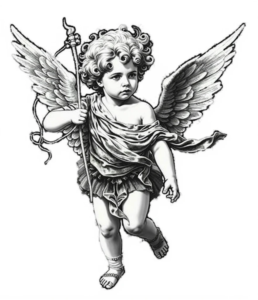 Generate a sketch of a baby angel with a sword