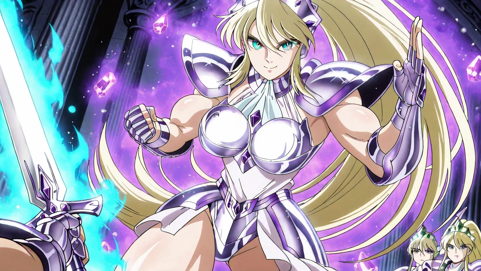 score 9 , score 8 up, score 7 up, source anime, 傑作, best quality, best resolution, best image quality, anime coloring, anime screenshot, 1woman, Katya, woman is wearing a white leotard, zodiac lady knight, strong muscles, Portrait of a Zodiac lady Knight, solo, very long hair, blonde hair, greeneyes, high ponytail hair, muscular woman, 女性的で筋肉質, biceps, triceps, deltoids, shiny amethyst armor, Captivating princess knight, Clad in light armor, leotard armor lady, under leotard with an white, leotard under armor, high leg cut, leotard neck with an high neck, bare crotch, bare thighs, large boobs, elegance smile, huge breasts, very large breasts, very tall woman, shiny amethyst armor, shiny amethyst armor, Enchanting princess knight, Female Warrior, princess knight, blonde haired amethyst armor warrior, armored leotard, amethyst princess, breastplate armor, amethyst Reflective Armor, crystal amethyst armor, Smooth anime CG art, official anime style, galaxy princess, leotard armor lady, best quality anime art style, official anime art style, Northern Crown Armor, Northern Crown Helmet, gauntlets, fingerless gloves, cowboy shot, solo focus, looking at viewer, female focus, fighting stance, dynamic pose, blue aura, Western Sword, Holding a sword,