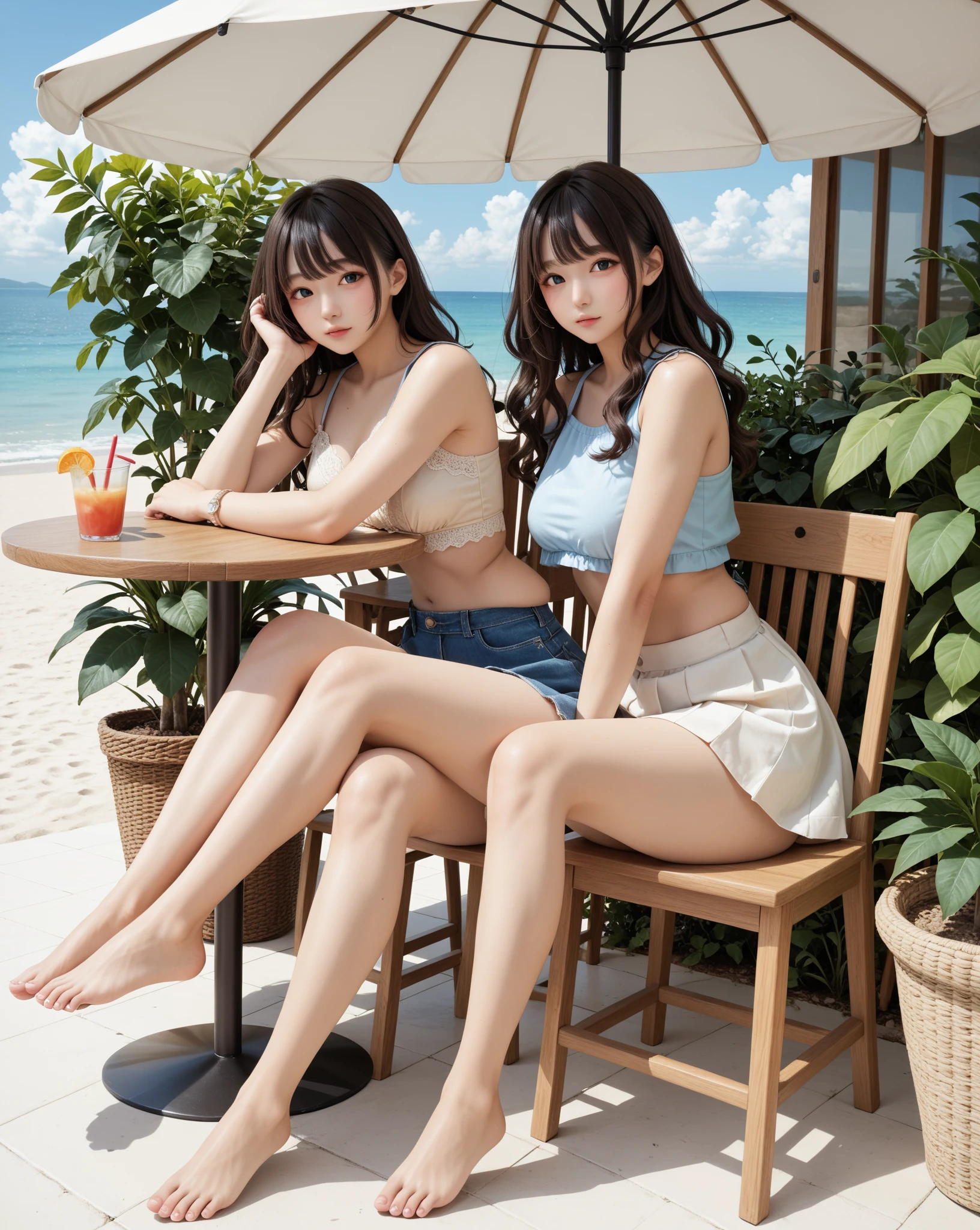 Highest quality、High resolution、Detailed Background、(Beautiful face in every detail:1.4)、Anatomically correct、(Detailed facial expressions)、(Fine grain:1.2)、(Fine grain:1.2)、Teenage Beauty、(Highly detailed face:1.4)、Cute hair colors、ponytail、Bobcut、Cute hairstyle、well-groomed eyebrows、Jokingly、Big smile、Do cute things、Fits on one screen、

(Two beautiful girls eating ice cream to beat the heat at a summer resort:1.5)、

She looks cute eating and licking ice cream with a smile on her face..、
light dress、Flower and fruit pattern、Brightly colored and patterned dresses, stripes, etc.、
Pair it with cool shoes like sandals or espadrilles..、
Off-the-shoulder tops in bright colors and vibrant patterns、Denim shorts for a light look、A shirt dress is an item that gives a clean impression..、
Brightly colored or striped shirt dresses、Tie the belt around your waist to enhance your style。、
Lake Kawaguchi and the Yamanashi Five Lakes：Located at the foot of the mountain. Fuji Mountain, Lake Kawaguchi and the Five Lakes are a summer resort surrounded by beautiful nature.、Walking along the lake and taking a boat ride、. Fuji Mountain.
((((Emphasize cleavage))))
((((Panties and bra are visible))))