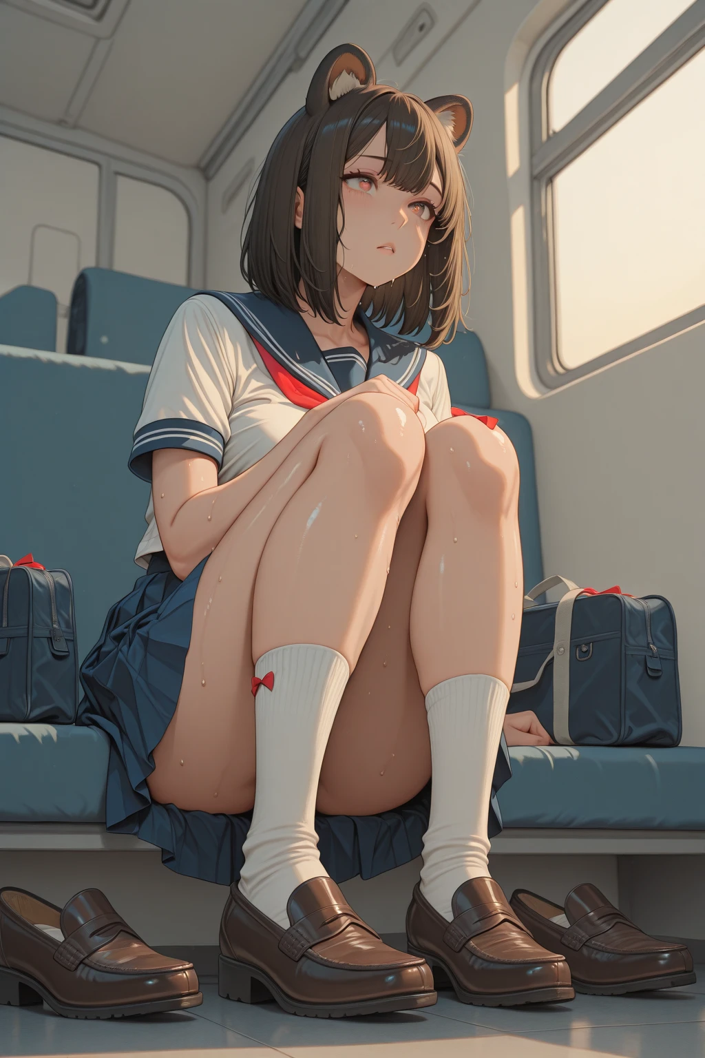 (masterpiece, highest quality)
1 girl, sit on the seat, (sleep:1),
(throw), lower body, (from below:1.2), (From before:1.1),(look down), head tilt, (hand on leg:1),
break girl, Shouko Nishimiya, light brown hair, long hair, shiny hair, (big breasts:0.9), close your eyes, (lipstick:0.9),
school uniform, white shirt, bow tie, Blue plaid skirt, pleated skirt, (white panties:1.1), lace panties, shiny skin, (parted lips:1), white socks,
Interrupt the background train, window, navy school bag