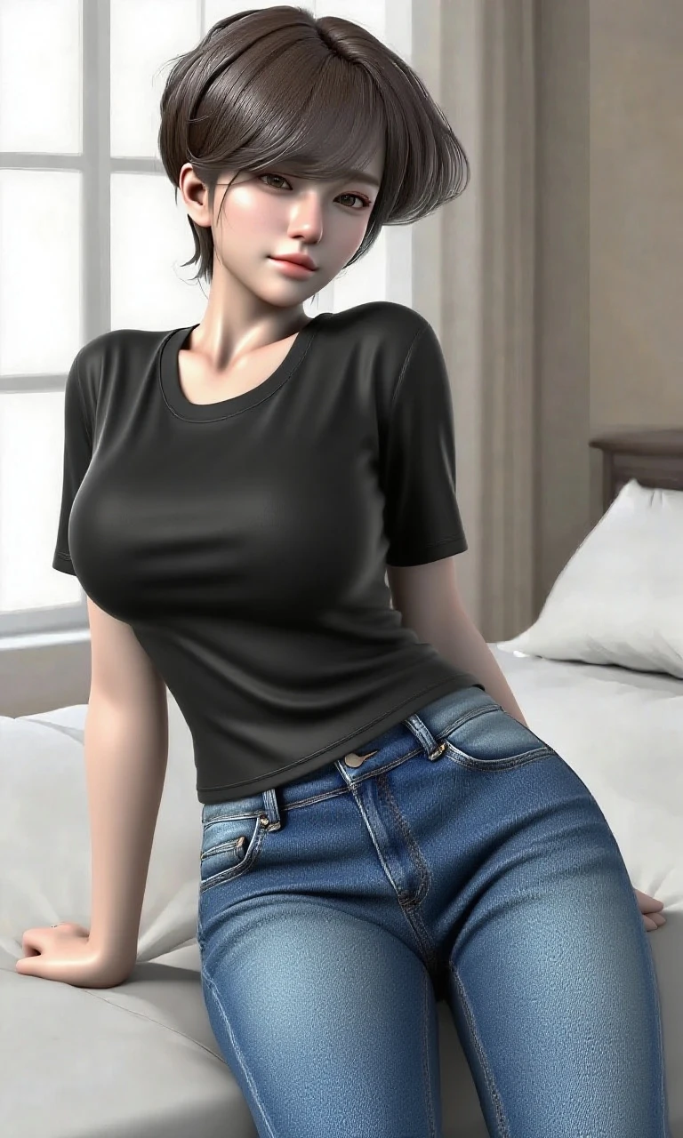 1girll,sexy for,cute big breasts,little breast,little breast,Flat-chested,tmasterpiece,Need,realisticlying,The details stand out,8K,Ultra shorts,White polo shirt,with short brown hair,ssee-through,kneeling on a bed --auto