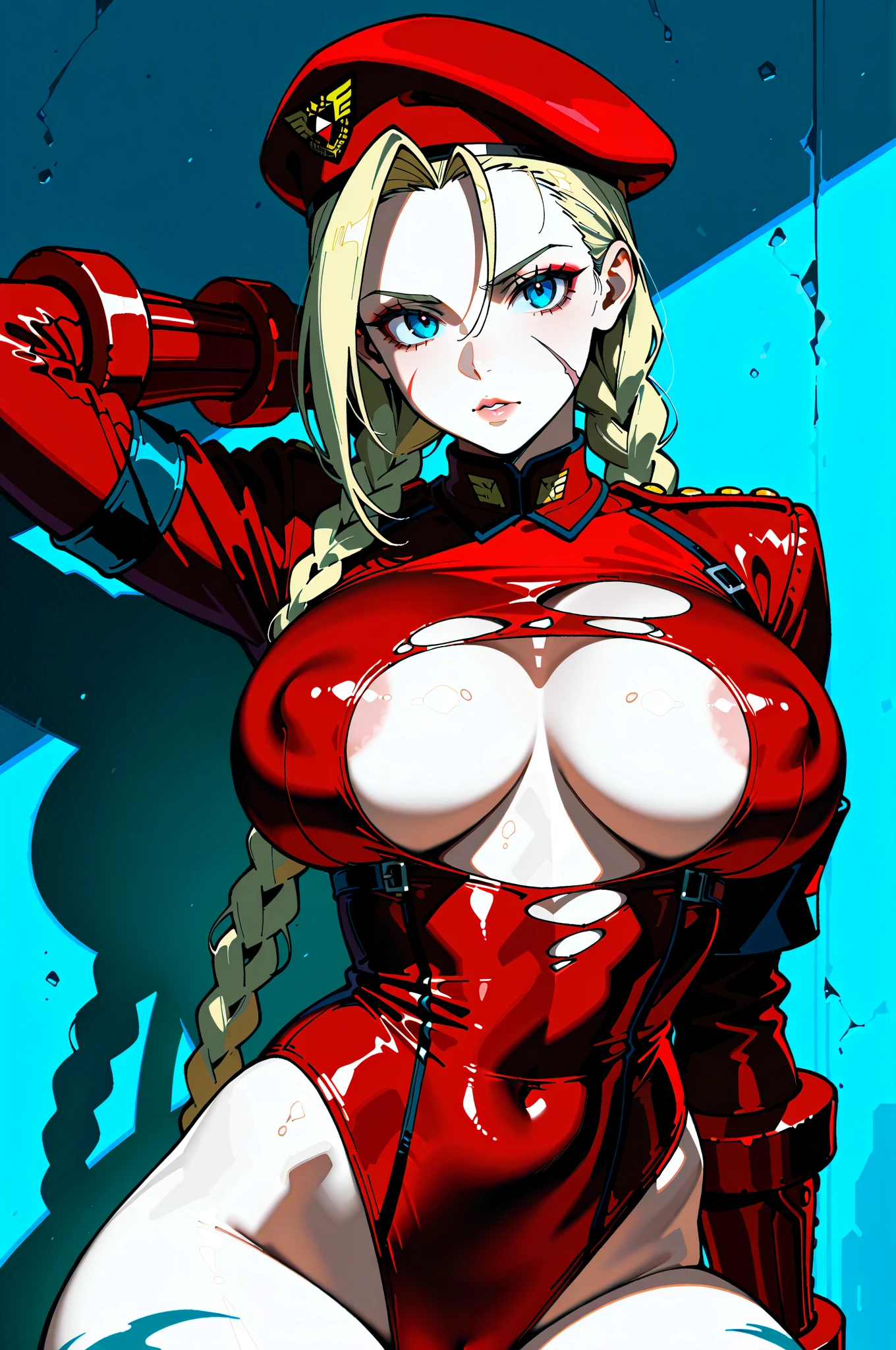 Supergirl, Purelos Face_v1, Android 18 , soul, digital figure, Comic book style, cyber punk, Perfect Anatomy, Centered, Approaching perfection, dynamic, Very detailed, Watercolor, artステーション, コンセプトart, Smooth, Sharp focus, figure, art:Carne Griffith、Vadim Kashin ,, (masterpiece, Highest quality, Super detailed, Best Shadow),, Neon Genesis Evangelion style, You find yourself standing in a desolate place, Post-apocalyptic wasteland, The ruins of a huge distant city rise on the horizon. The sky is covered with ominous clouds, A gigantic creature towers in the distance, Huge breasts, Huge 、Bare nipples, Curvy, chic、Naked upper body、((Nipples are visible:1.8))、Puffy nipples、Detailed nipples、Crotch bite,((Show your armpits:1.7))、((Erotic squatting:1.3))、Squat、Open Leg,Detailed armpits