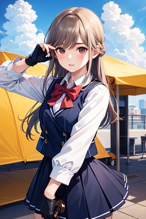 masterpiece,top quality,best quality,official art,beautiful and aesthetic,extremely detailed,high quality,highres,16K,RAW,ultra highres,ultra details,finely detail,an extremely delicate and beautiful,extremely detailed,lovely sweet moe face,glowing skin,blush cheeks,cinematic lighting,sharp focus bokeh,highlight cinematicpostprocessing,intricate human hands fingers,thighs,pale skin,1girl,hair between eyes,white skin,<lora:more_details:0.5>,teruzukiKC,hair ornament,twin braids,short sleeves,serafuku,sailor collar,neckerchief,headband,clothes writing,corset,hachimaki,multicolored gloves,skirt,<lora:teruzuki:0.6>,brown hair,salute,underwear,in the war ship,dynamic angle,put your left hand on your waist,smile,open mouth,