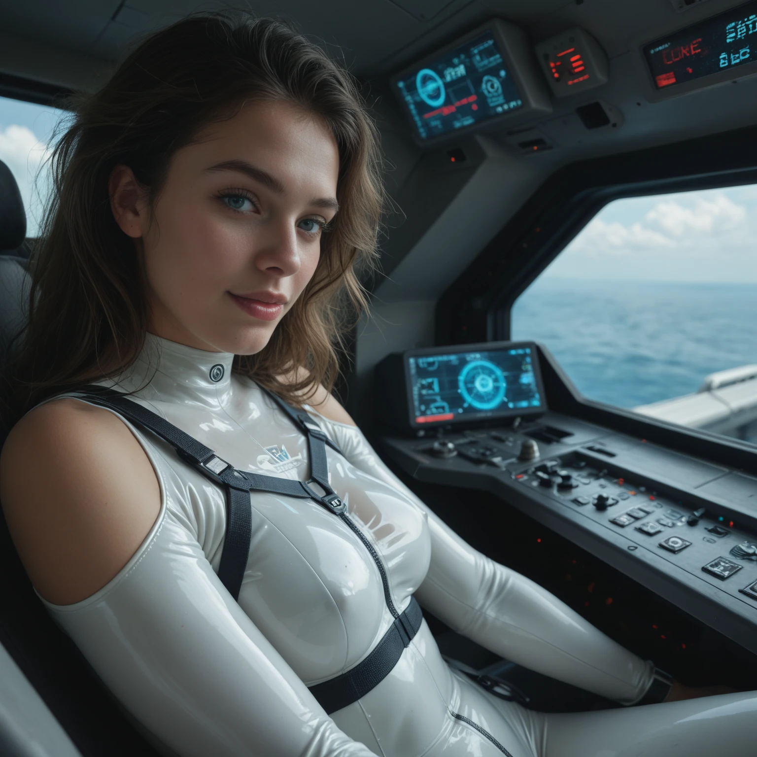 ((highest quality, 8K, masterpiece: 1.3)), sharp focus: 1.2, beautiful woman with perfect body: 1.4, slim abdomen: 1.2, ((long hair, big: 1.2)), beautiful body: 1.1, Highly detailed face and skin texture, fine eyes, double eyelid, white skin, (((((bikini)))))、barefoot、((whole body))、mini panties with string、(((Japan city background、high school girl)))、(((((anatomically correct)))))、(((((Background inside the spaceship)))))、(((((wearing a gas mask)))))