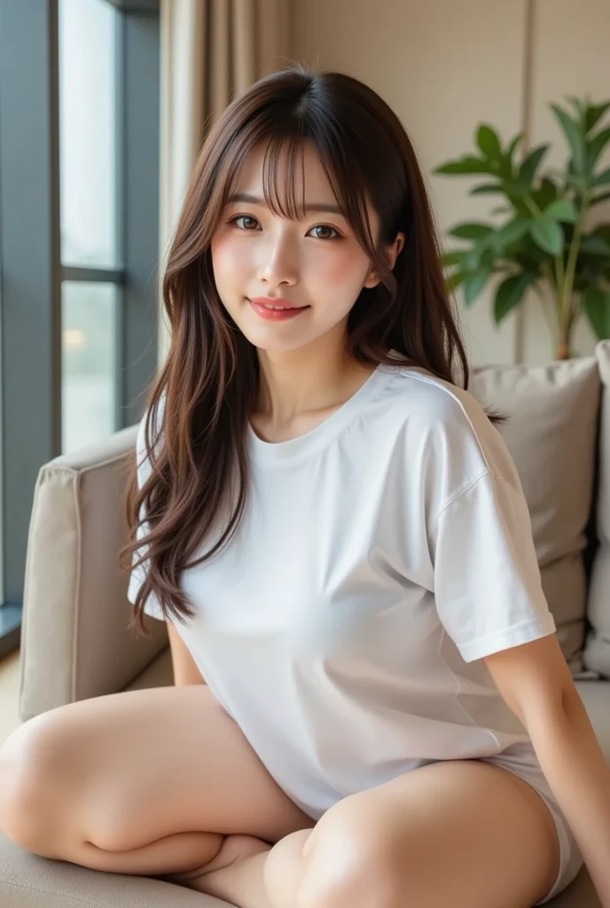 ((Full Body Angle))、((Highest quality, 8k, masterpiece: 1.3)), concentrated: 1.2, Cute girl 1,Nipples erect、 Perfect beauty: 1.4,T-shirts、Shorts、pajamas randall color、comics＆Text Graphics、Black ruffle-trimmed drawstring zip blouse,1.1, Highly detailed face and skin textures, Fine grain, double eyelid, whitening skin, ,Highest quality,Ultra-high resolution,you,1 girl,alone,_Shiny_skin,Iris,necklace,((brown_length_Wavy_hair)),(lips)),eyelash,Front hair,deal with,compensate,Shiny,pore,skin texture,Large Breasts、smiling face、Front hair、indoor、Model Walk、Sexy pose、Bedroom。