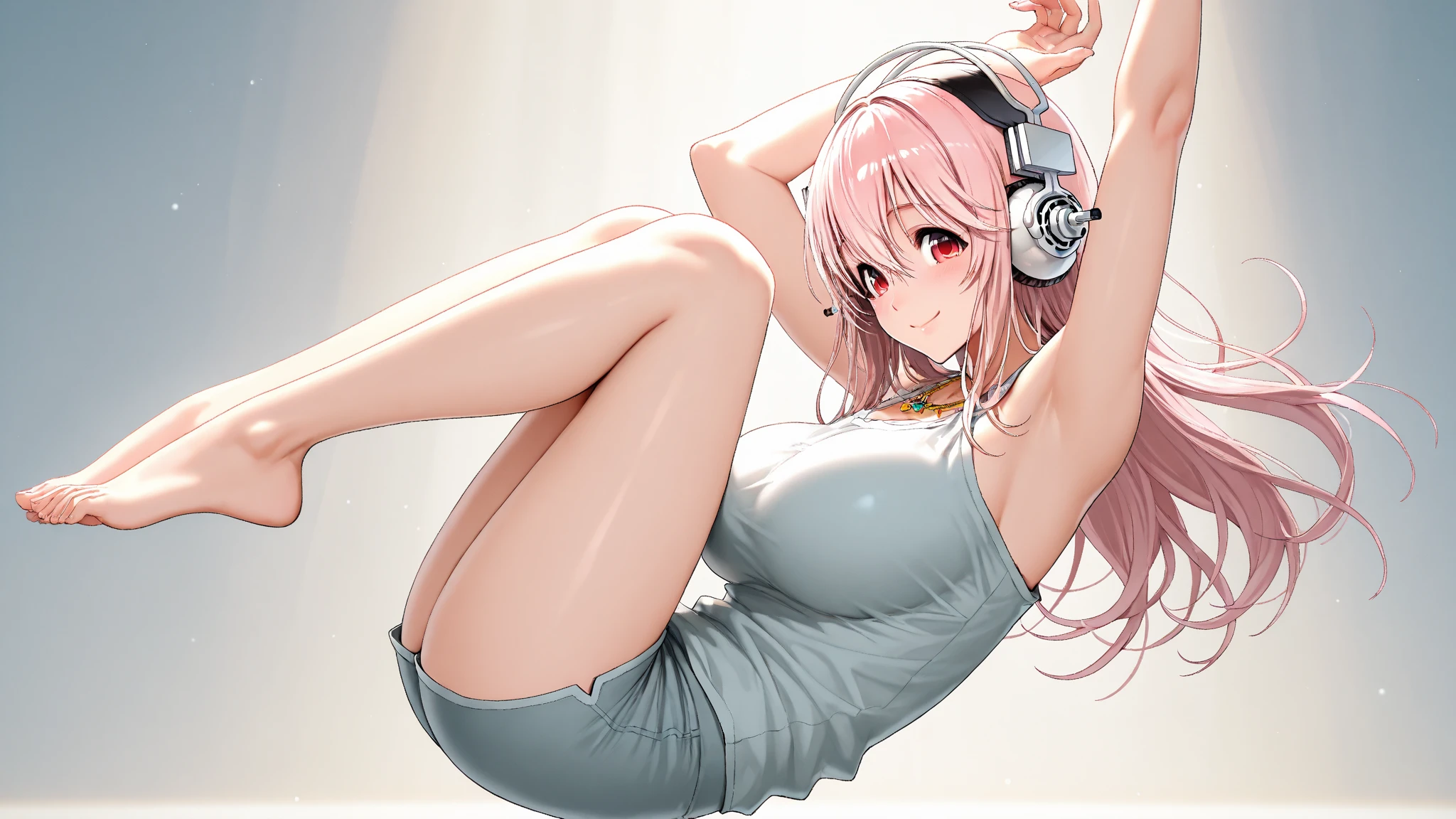 ((Top quality)), ((Masterpiece)), (Details), perfect face, sitting under a cherry tree, listening to music, a woman, wearing headphones, wearing underwear, underwear is transparent, sitting with legs wide open, wearing tight clothes, showing butt and breasts