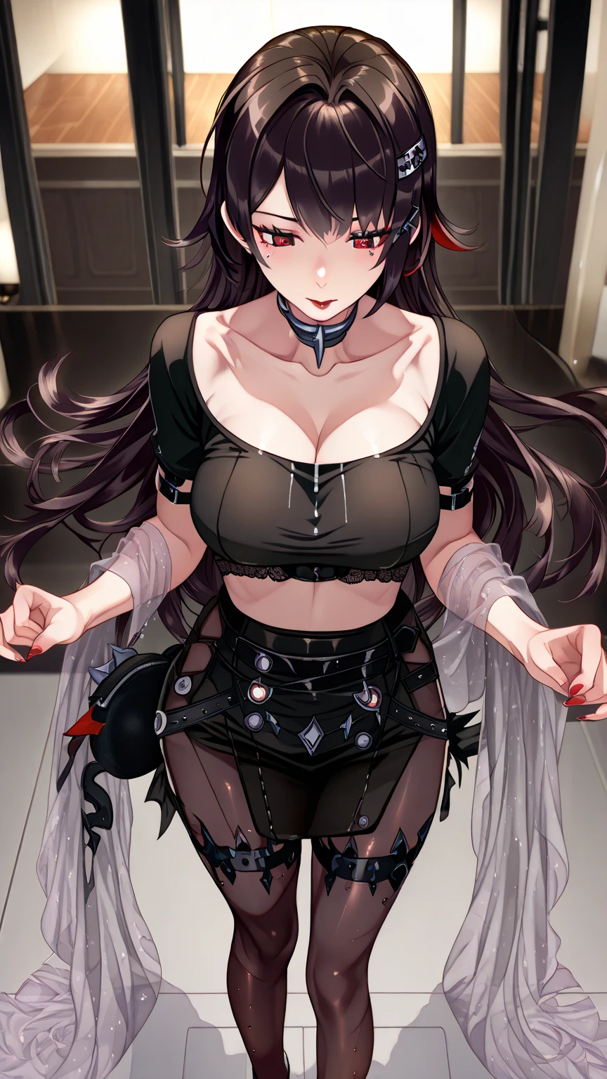 Rivertsukatsuki, River, black hair, (red eyes:1.5), hair ornament, hairclip, Halation, long hair,
、Extremely large breasts(7200)、、I can see your chest、Nipples are visible、Off-the-shoulder maid uniform、Black frill mini dress、Front facing、