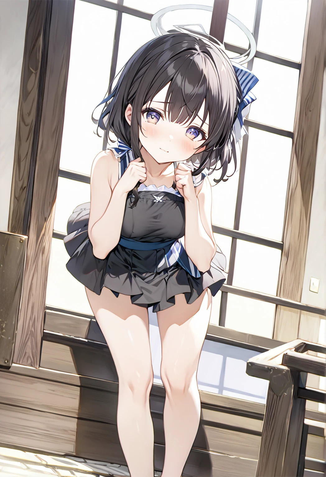 (NSFW:1.3),(masterpiece:1.2), (Highest quality),(Open your mouth)、front、 whole body, Beautiful Skin, Super fine, Highest resolution、(Black Hair:1.4)、(Short Hair:1.2)、blue eyes、(indoor)、Patsun Hair、(blush:1.1),(Realistic), 1 girl, Laugh with your mouth open、A scornful smile、(Navy Blue Skirt:1.1)、(Hair Clip:1.1)、(Two Side Up:1.2)、(underwear姿:1.2)、choker、Long sleeve、Moe sleeves、(Clothing:1.3)、(Black knee socks),(Cleavage:1.1)、(Super big breasts:1.2)、Budding breasts、Rocket 、Firm breasts、Heart symbol、Lolita、Brat、(Lolita:1.3)、Baby Face、Young face、Zaako、Brat系、underwear、(Micro bra)、(Tiny bra:1.3)、女性underwear、Large areola、Protruding areola、(Beautiful underboobs)、(View from below)、Spread your leg-shaped legs、Thin thighs、Thin legs、Panty shot